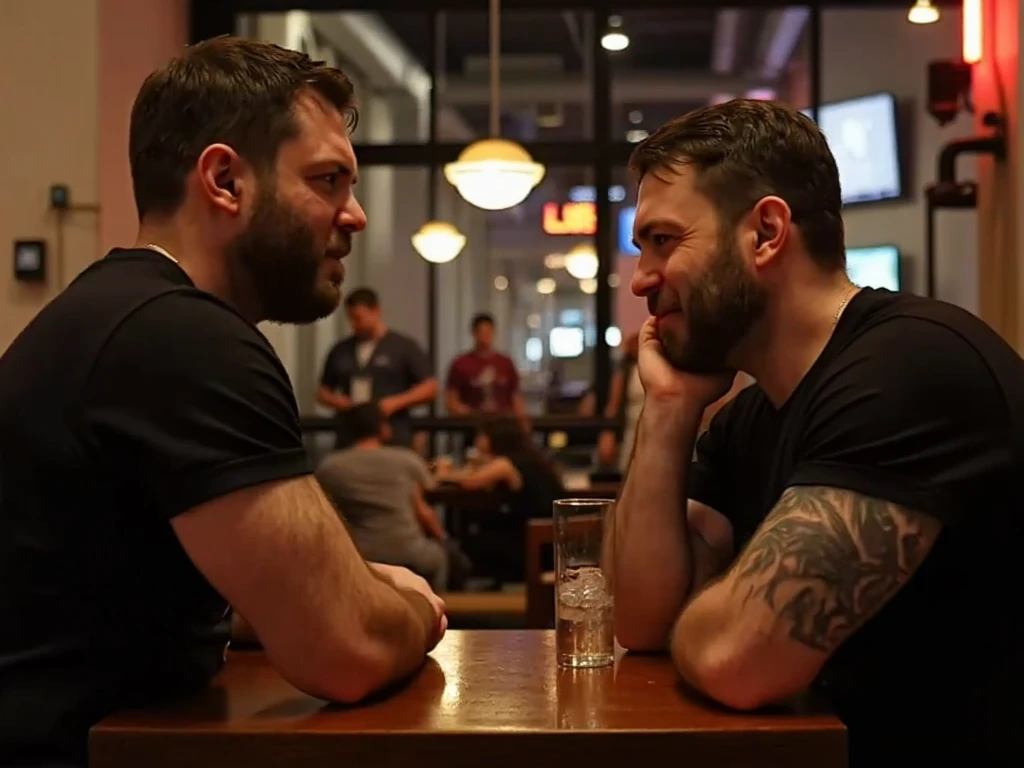 Only plump, chubby, extremely thick thighs, large belly, fat, age 55, two friends are at the bar drinking beer gesturing and talking sitting on the chair with beer bottles on their table , an environment with tables and other people sitting and talking , 4K, masterpiece.