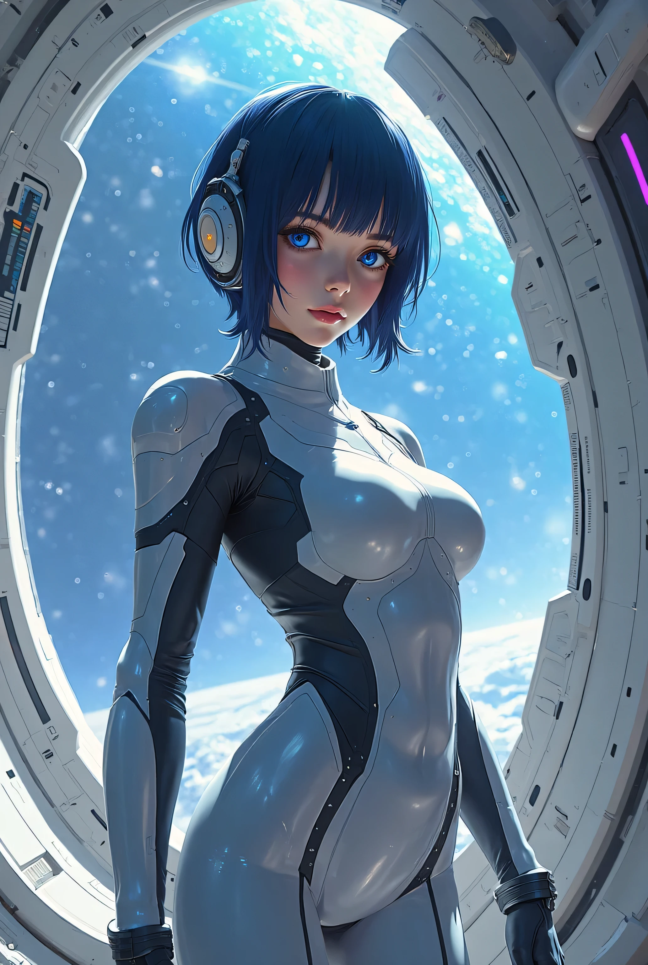 Highest quality, masterpiece, detailed,
Mouth closed, A light smile,
Blue Hair, short hair, Brown eyes, Hair Clip, lips, Stud earrings, Semi-rimless eyewear,
Blue bodysuit、((Shiny bodysuit))、Big Ass。Big Breasts、Nipples、Turn your ass towards me、return