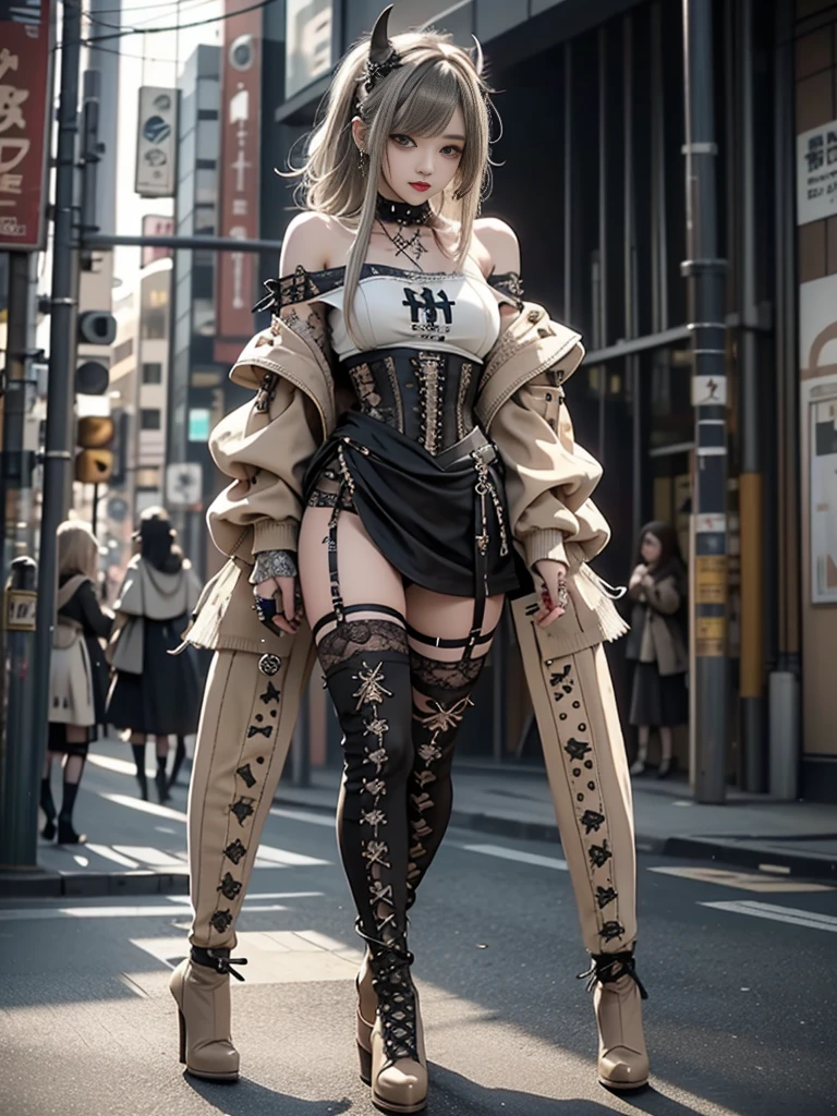 (full body view:1.4)、(put your knees on the ground:1.1)、(smile showing teeth:1.3),(Shibuya gal:1.5)、(gothic style fashion:1.5)、(Beige and white punk rock mini skirt dress:1.5)、(White and beige heart mark small jacket:1.4)、(Charcoal Garter Belt:1.5)、(black and white knee socks:1.3)、(Heart-shaped silver accessories:1.5)、(Lace collar:1.3)、(brown skin belt:1.4)、(brown western boots:1.2)、(underwear is striped:1.4)、23 years old、((highest quality、In 8K、masterpiece:1.3))、clear focus:1.2、(layer cut、huge boobs:1.1),beautiful woman with perfect figure:1.4、(dancing violently:1.3)、slender abs:1.2、Highly detailed face and skin texture、detailed eyes、double eyelid,(twin tails:1.3)、(cream hair:1.3)、Gravure idol、(The background is the station:1.3)、(slim body:1.2),(make your legs thinner:1.4),(clavicle:1.1)