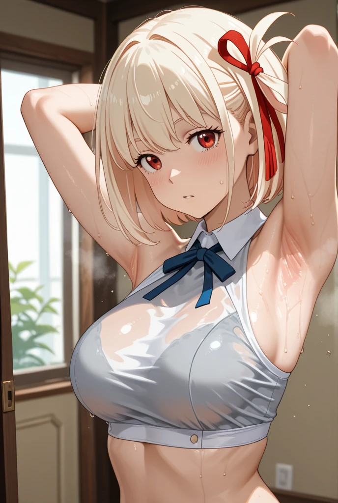 (8k, RAW photo, best quality, masterpiece, soft cinematic lighting, soft color:1.4),(front view:1.7),( POV,looking at viewer:1.7),(eyes focus,Close-up beautiful eyes:1.6),(realistic), (indoor background), (solo, mature woman,19years old,super beautiful face,super detaild beautiful eyes :1.5), {sailor uniform:1.1),(show off nipple:0.5),low-cut miniskirt,sheer :1.3}, (embarrassed,red Cheeks:1.25),bob cut hair, {{slicked back hair}}, white blonde color hair, clean skin, (smaller butt:0.5),(coverd nipple:0.8),(sagging huge long wide heavy breasts:1.5),(under boob:1.8), (thick, curvy:1.35),(open mouth:1.2),(arms behind back:0.7),(lying,on back:1.8),