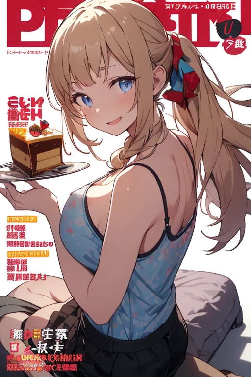 (small breasts:1.2), (perky chest:1.2), (pointed chest:1.2), (Pudding cake magazine cover:1.3),(from above:1.0),(shoot from the side:1.1),masterpiece, 1girl, Amazing Cleavage:1.1, thin waist, optimum,tmasterpiece,hight resolution,best qualtiy,hyper HD,super detailing,awardwinning,a 18yo cute girl,(The upper part of the body),anatomy correct,Beautiful Black miniskirt,garters,Gaze,Small face,bangss,holster,Beautuful Women,hands up,leg holster,Gaze,black boots,Cowboy Shot,cute face,a blond,Longhaire,Twin-tailed,Braids, Hairline,（scarlet eyes）,long eyelasher,Hanging eye corners,White skin of the, ((see through camisole:1.1)), ((Sheer nipples:1.0)),Rocket Tits,(Slim body),smile,seductive weak smiling,(with sparkling eyes and a contagious smile),little open mouth, Looking at Viewer,
