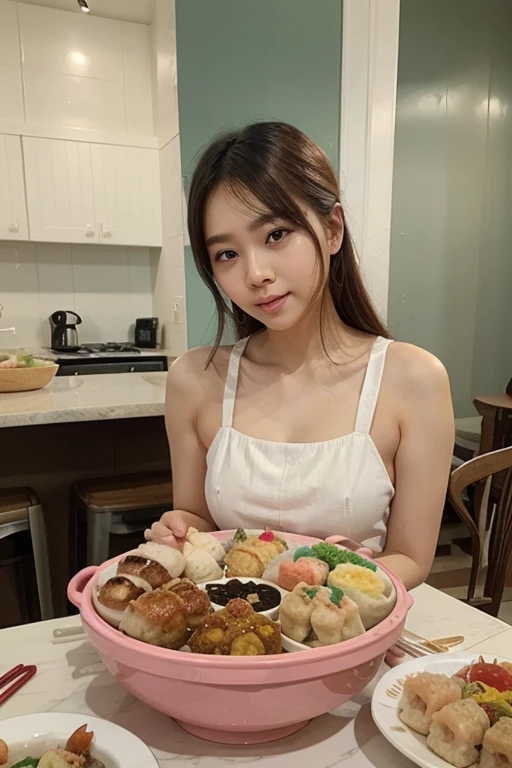 A beautiful Japanese woman eating Mexican tacos,long hair、Charm、Straight Hair、Brown Hair、White shirt、Cleavage、 Perfect Makeup、Casual Restaurant、Vibrant, Tacos stuffed with marinated carne asada、Tacos stuffed with roast beef、Shrimp stuffed tacos、 Topped with fresh coriander and diced onion、vivid、Effective lighting、4K、8K、Masterpiece、High resolution、(((photograph)))、Detailed、In focus、looks delicious、luxury
