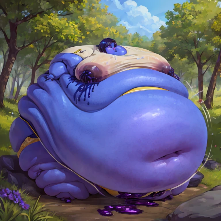 A curvy young woman in a bikini, massive giant fat round human blueberry, massive bloated overstuffed very heavy round belly, hyper massive fat tall wide round heavy heart shaped shelf bubble butt, very wide fat hips, massive fat round long very heavy breasts, deep long cleavage, weight gain, deep fat navel, from behind, looking back, smiling, blushing, blueberry juice body inflation, very round massive blueberry body, blue tinted skin, arms out at side, splayed legs, sloshing body, taut skin, smooth skin, cute fat face, fat round blueberry woman, sitting down, in a forest, vine in her mouth, she cant see past her massive blueberry juice filled breasts, leaking blueberry juice, puking blueberry juice, lactating blueberry juice, massive nipples, soaked with blueberry juice, from behind,
