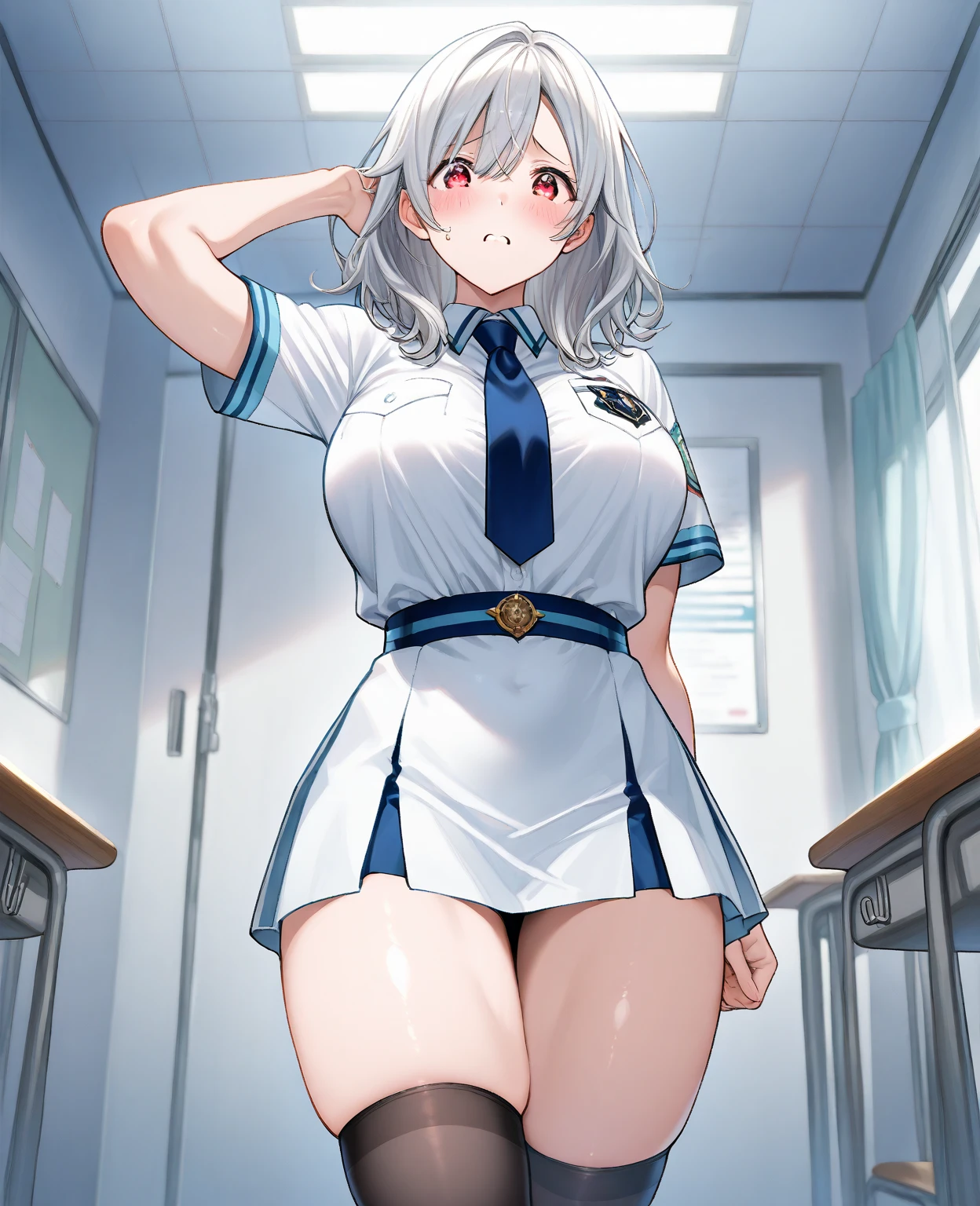 female pubic hair,viewer view from below, masturbating, pussy, wet pussy pussy juice, girl, white hair, short hair, with cat ear, blue eyes, disgusted look, blushing, angry look, standing, no panties, military uniform, black color, raised skirt, big thighs, big breast, sweat, female pubic hair, sitting on invisible chair, focus on anus and pussy