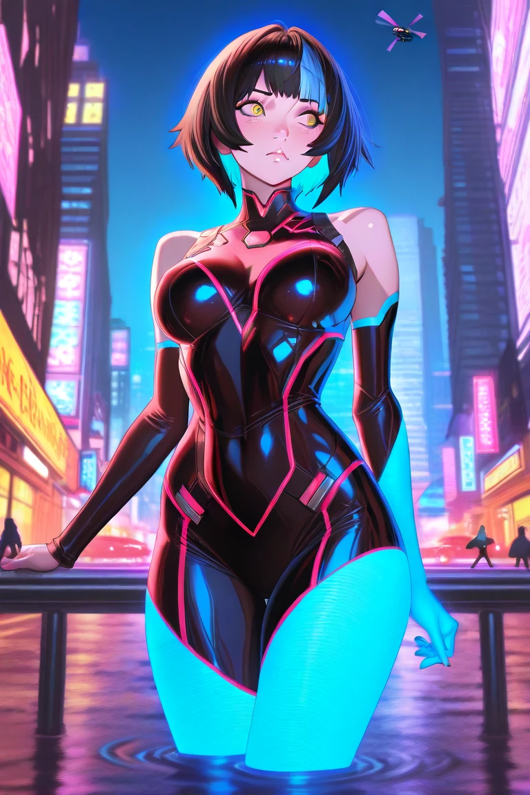 Inoue Takina,body stocking,Enchantment,Evil Smile,Black short hair,Purple Eye,Medium chest,Red eyeliner,Navel,Beautiful curves,crotch tattoo,Cyberpunk Street