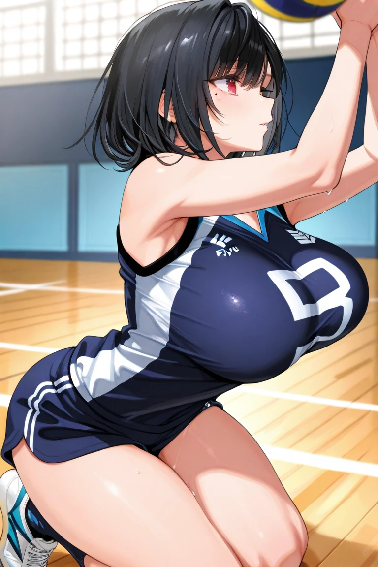 An anime-style artwork depicting acheron from the game Honkai star rail.
Tags: acheronhsr, anime, detailed eyes, detailed lips, (volleyball outfit : 1.4), midriff, smiling expression, intense gaze, glowing emblem on hand, dynamic pose, indoor, volleyball court, vibrant colors, digital art, high-resolution, professional quality, gigantic breasts, curvy, cowboy shot, (gigantic breasts: 1.4), (purple eyes: 1.4), (blue hair: 1.6), short hair, curvy ass, (big butt : 1.4), (bubble butt : 1.4), from behind, back view