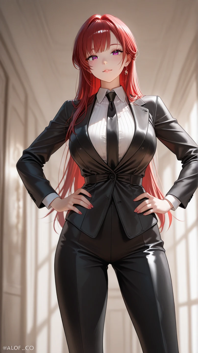 Huge longest red hair and biggest breasts, sarah Harris , wearing a yellow-black business suit with shirts white