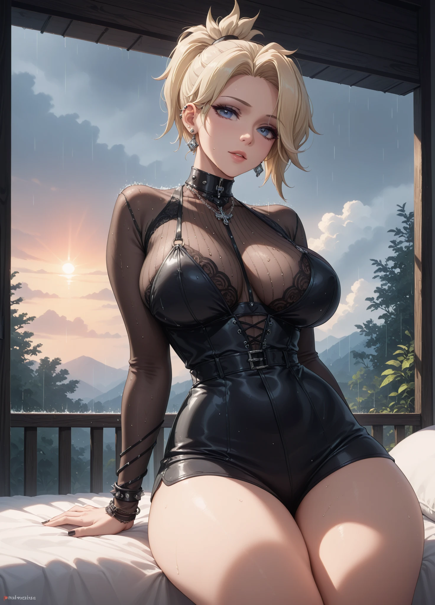 The blonde woman sat in a chair,White top,Black shorts, Young and beautiful, Girl with short white hair, Perfect white haired girl, cleavage,White skin of the,her legs splayed out,