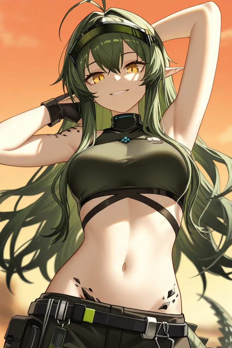 Young girl, long green hair, purple eyes, cat ears, smirk, superhero form, pants, open belly, inner sideboob, masterpiece, high quality