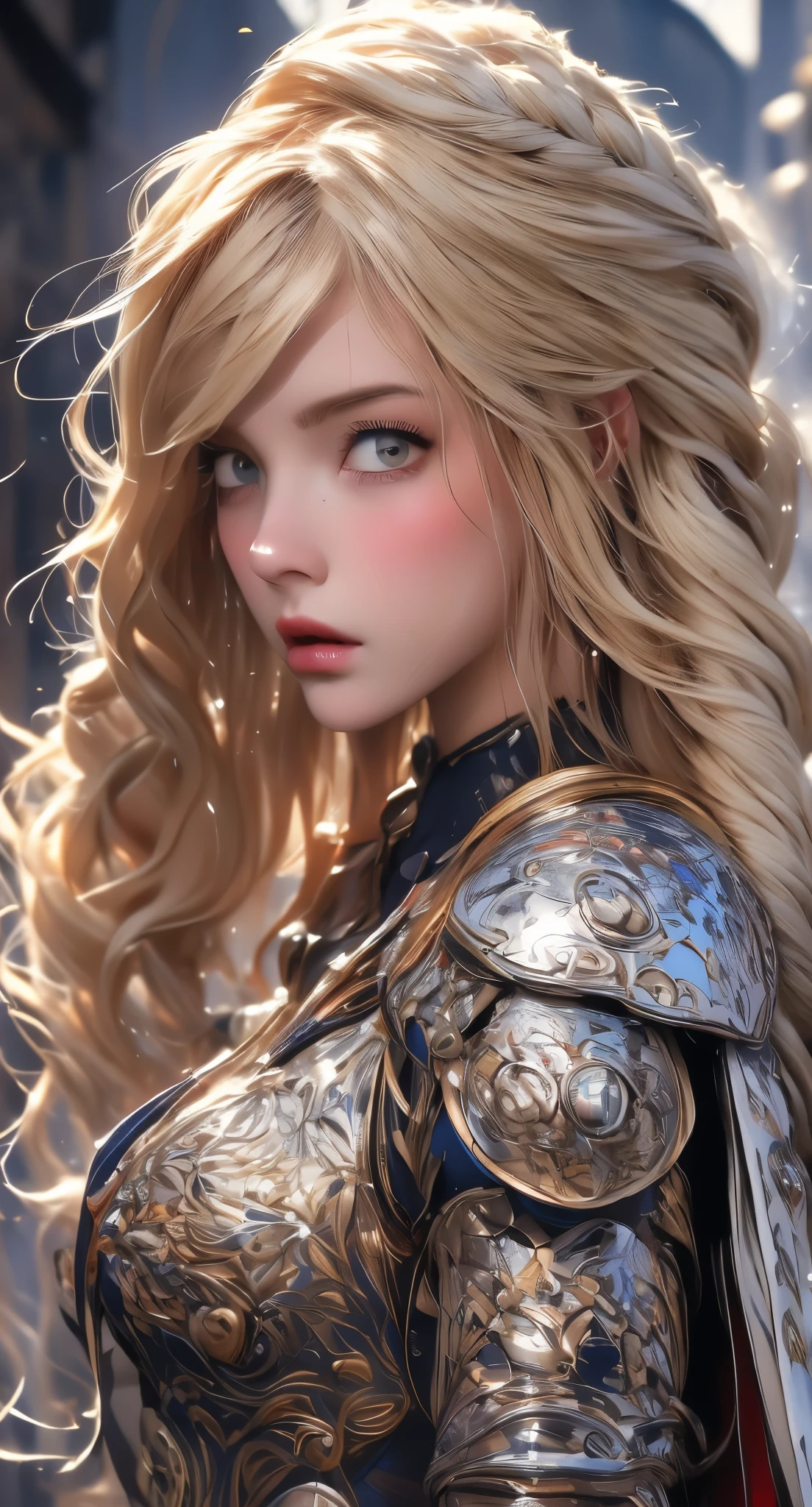 wearing a hijab and vail around , (plain red hijab), tmasterpiece,Best quality at best,A high resolution,8K,((half body Portrait)),),Original photo,real photograph,digital photography,(Female adventurers in the medieval fantasy style),(Medieval Valkyrie in fantasy style),18-year-old girl,(Hair gradients of blonde and red),blue短发,Red eyelue and long gradient short hair,blue),(super huge round perfect breasts),An extravagant ornament,cparted lips,Keep your mouth shuegant and charming,((Blushing)),haughty contempt,Calm and handsome,(Medieval fantasy combat suit,Joint Armor,Lightweight golden protection,The Beautiful Magic Badge,Medieval armor combined with leather and silver,A delicate pattern,Cloak),(Woman warrior),Photo pose,medieval characters,medieval fantasy , castle background, oc render reflection texture, sexy style, golden sexy breast bra armor , angelic silver tiara, pointy breast, huge perfect breast, red lips,