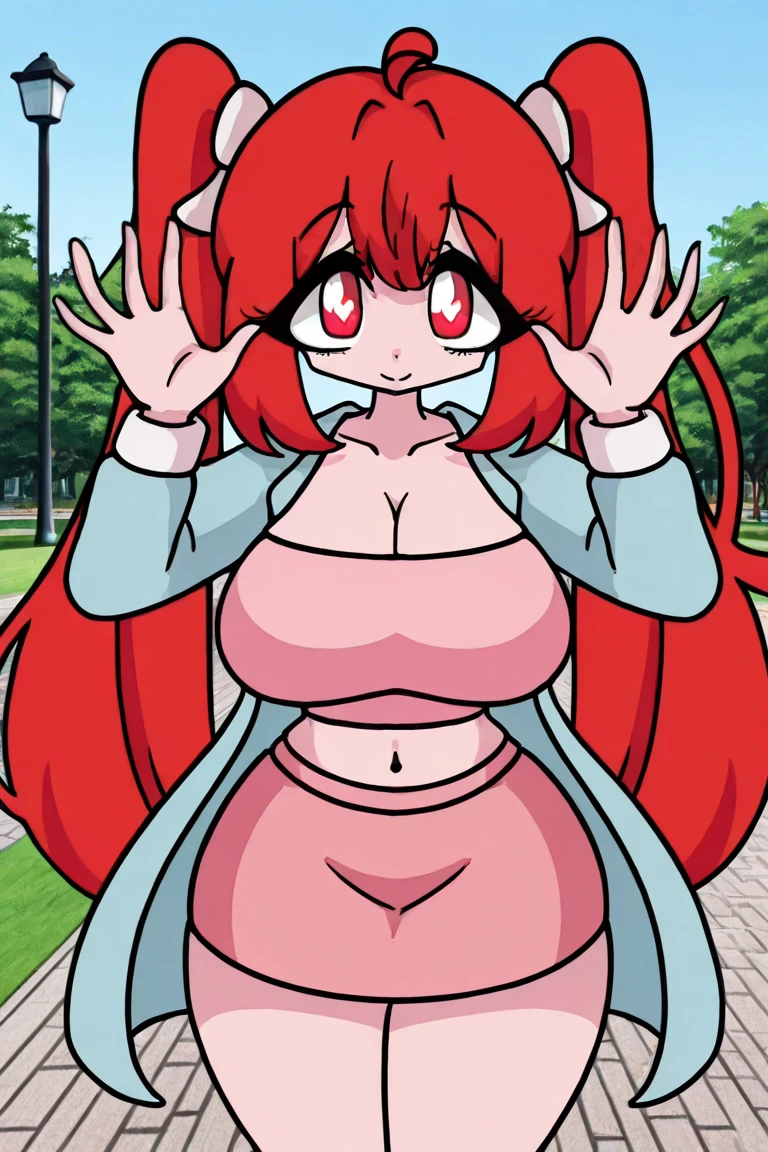 Elizabeth Afton, girl, green eyes, orange hair, long length orange hair, pink bow on her head, evil smug smile, naked, , full body, standing, outside the house.