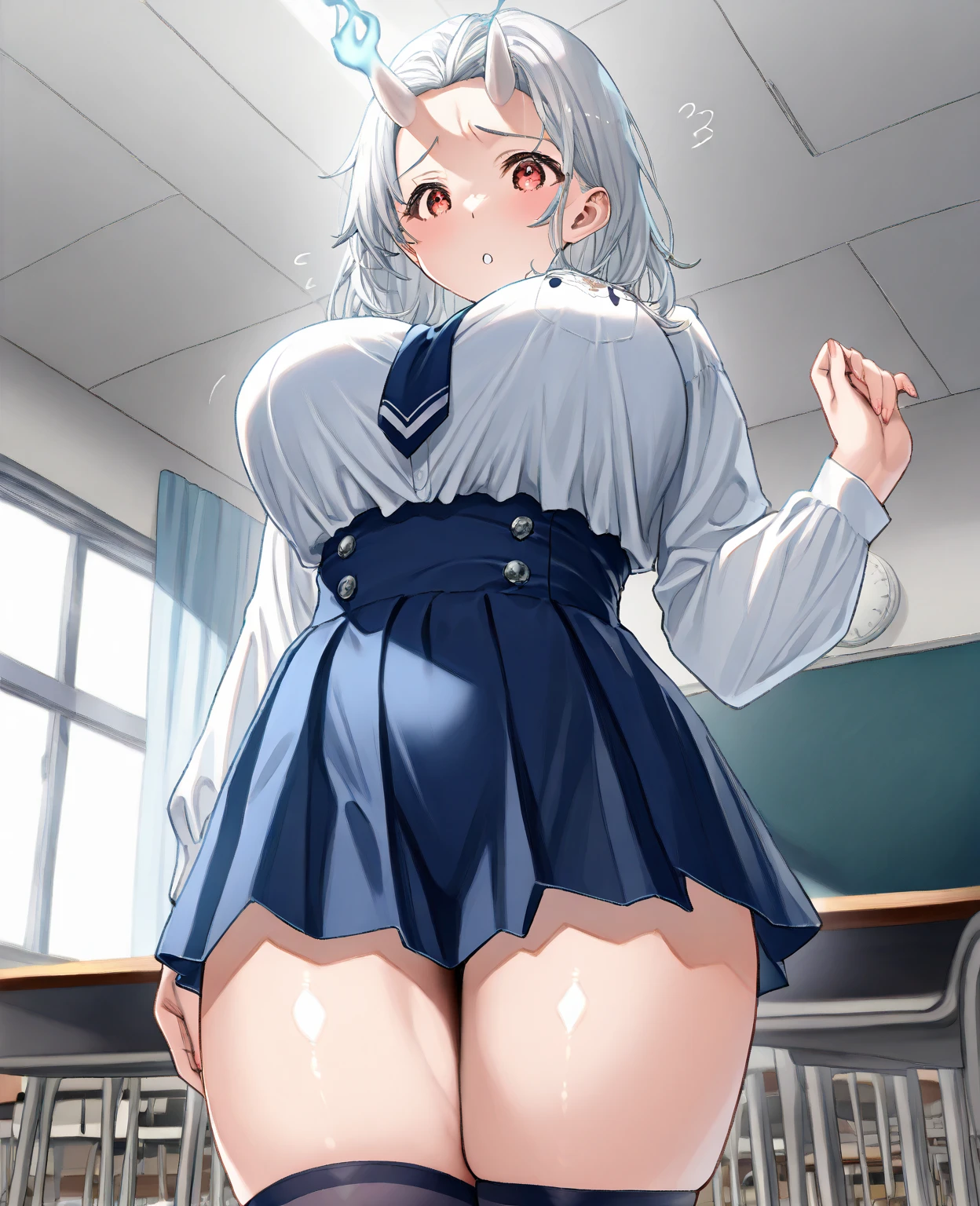 (masterpiece:1.2、Highest quality、Tmasterpiece)、1 female、alone、classroom、Day、(Are standing)、whole body、blonde、ponytail、blue eyes、(Navy blue sailor suit:1.4)、(Dark Skin:1.4)、Big Breasts、Long sleeve、corset、Earrings、lipstick、(Bare legs:1.2)、Sweaty、choker、Scrunchie、mini skirt、blush、Covered breasts、Bangs braids、(Thick lips:1.2)、((Standing Split:1.5))、((Raise one leg:1.4))(No panties:1.6)