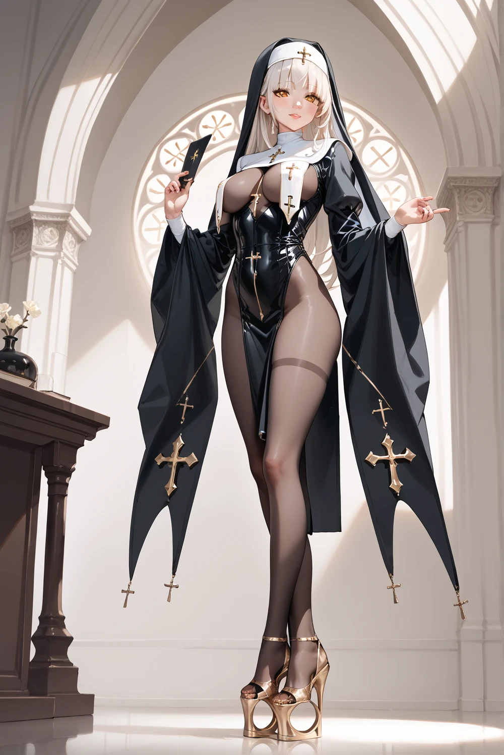 ultra realistic 8k cg, flawless, clean, masterpiece, professional artwork, famous artwork, cinematic lighting, cinematic bloom, perfect face, beautiful face, thighhighs, gloves, cross necklace, black gloves, side slit, nun, ((dynamic pose:1.4)), cinematic lighting, sacred place, fantasy,