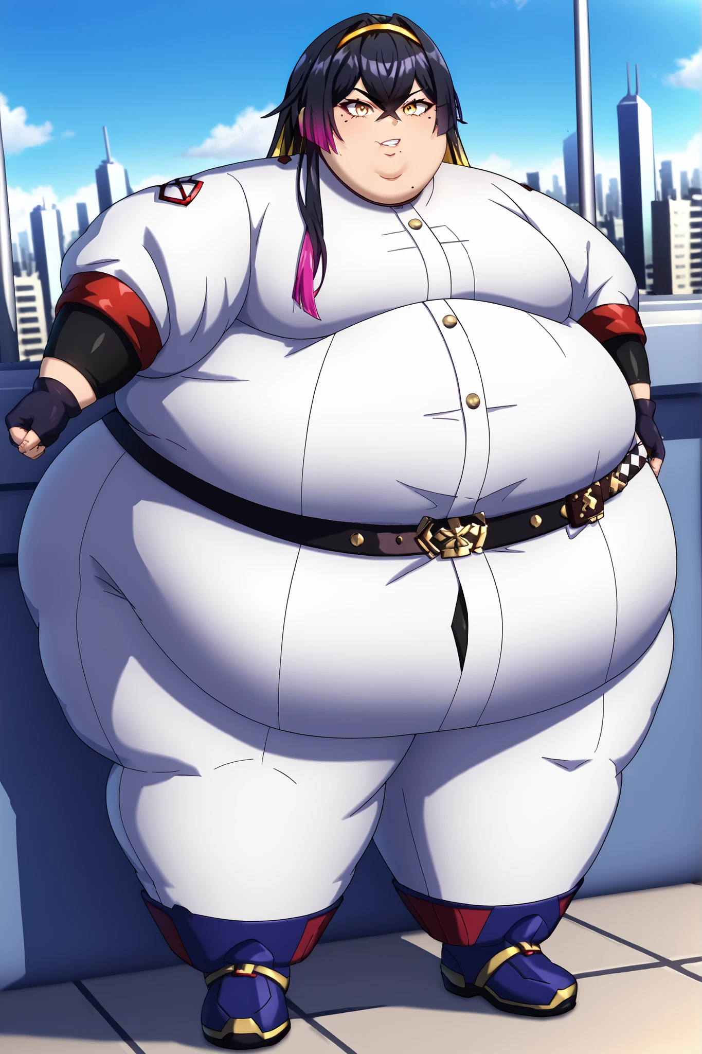 1girl, top heavy figure, (((incredibly big chest))), ((saggy chest)), plump, incredibly plump, ((big belly)), (((big tits))), pout, embarassed, wide, (((obese))), (((fat))), ((love handles)), double chin, out of shape, obese, fatty, tall woman, big bossom, ((milf)), big height, mature, standing, full body, bbw, ssbbw,  takane lui, hair wings, blue eyes,hair between eyes, pink hair, long sleeves, necktie, collared shirt, coat on shoulders, dress shirt, black pantyhose, black gloves
