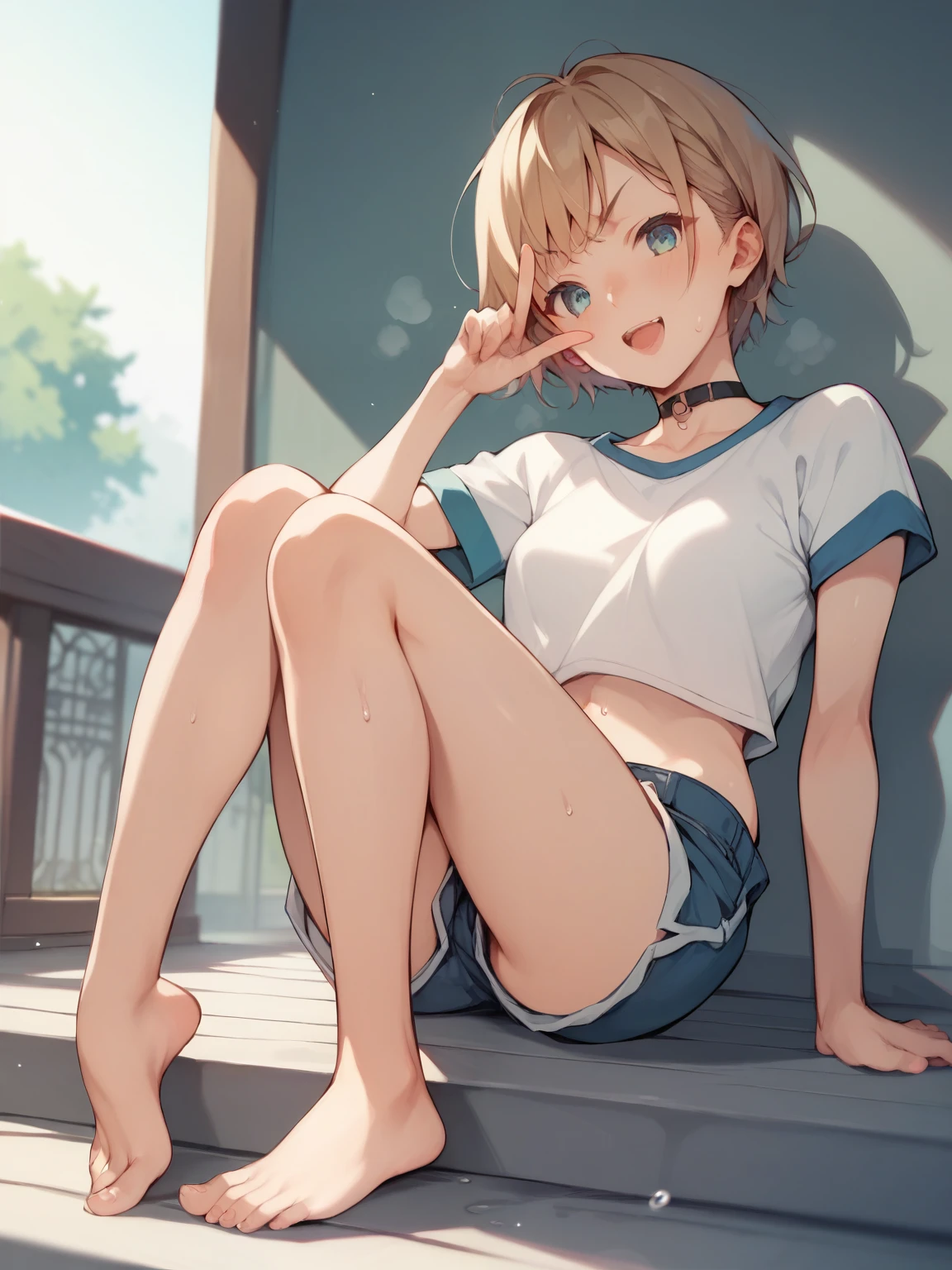 score_9, score_8_ up, score_7_ up, score_6_ up, score_5_ up, anime,nsfw,uncensored,, lori, short,small breasts,skinny,Petite,short sleeves and shorts、pointing barefoot at this point、sweat and steam rises up、Smilingly provocative、