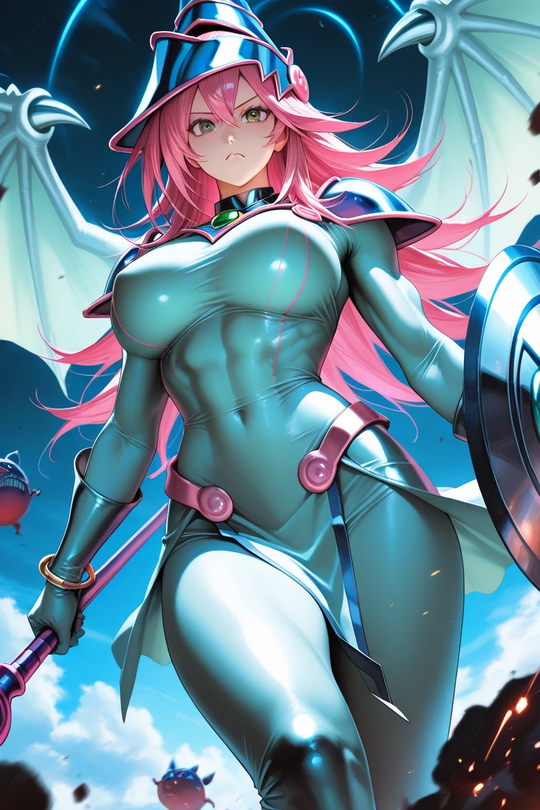 A cute woman (super heroine outfit, crazy matching hair, powers on display) heroic pose, street of new york, facing down a mob of mutant monsters