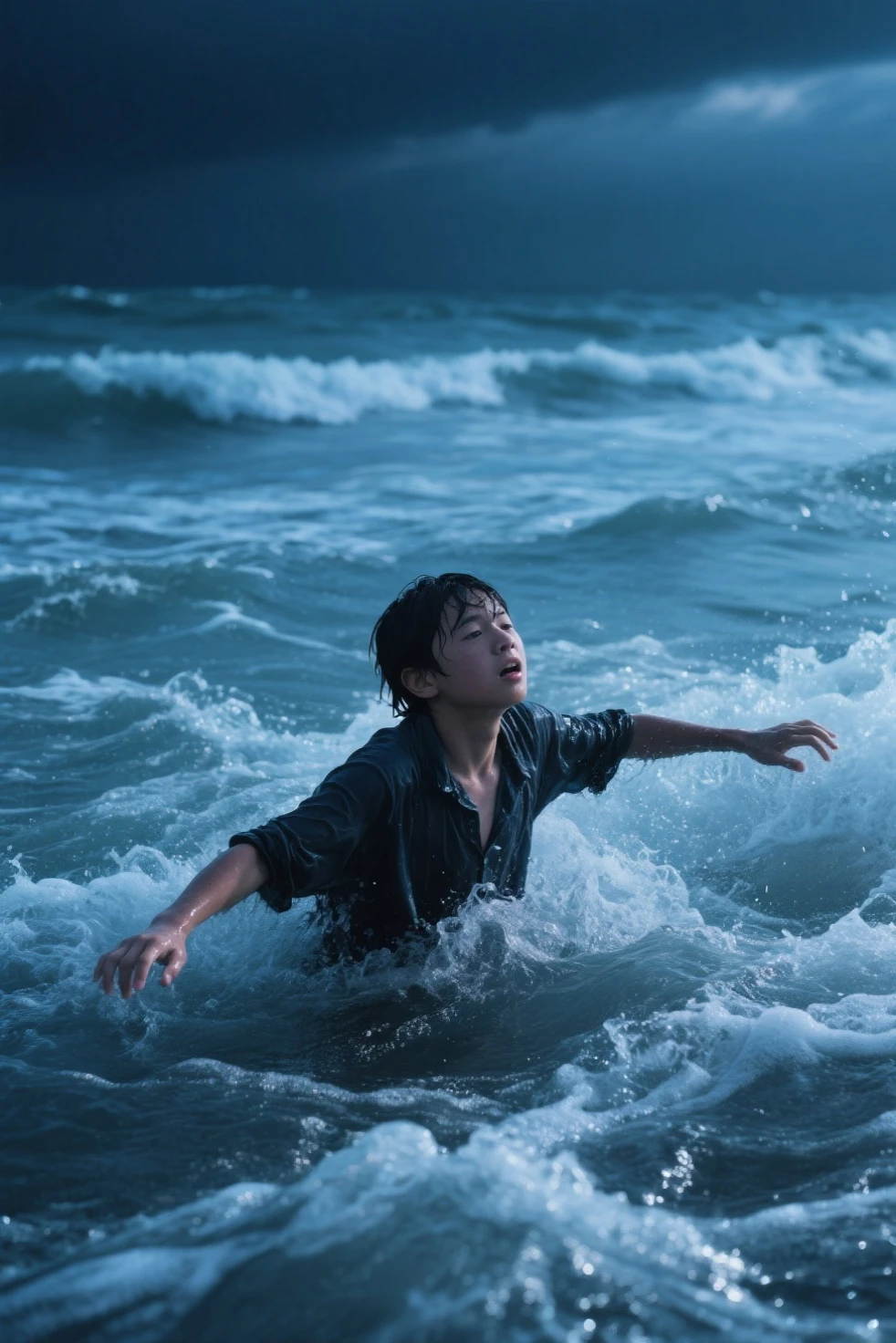 A boy is not coming down of paper in the sea, sea water looks blue and very beautiful