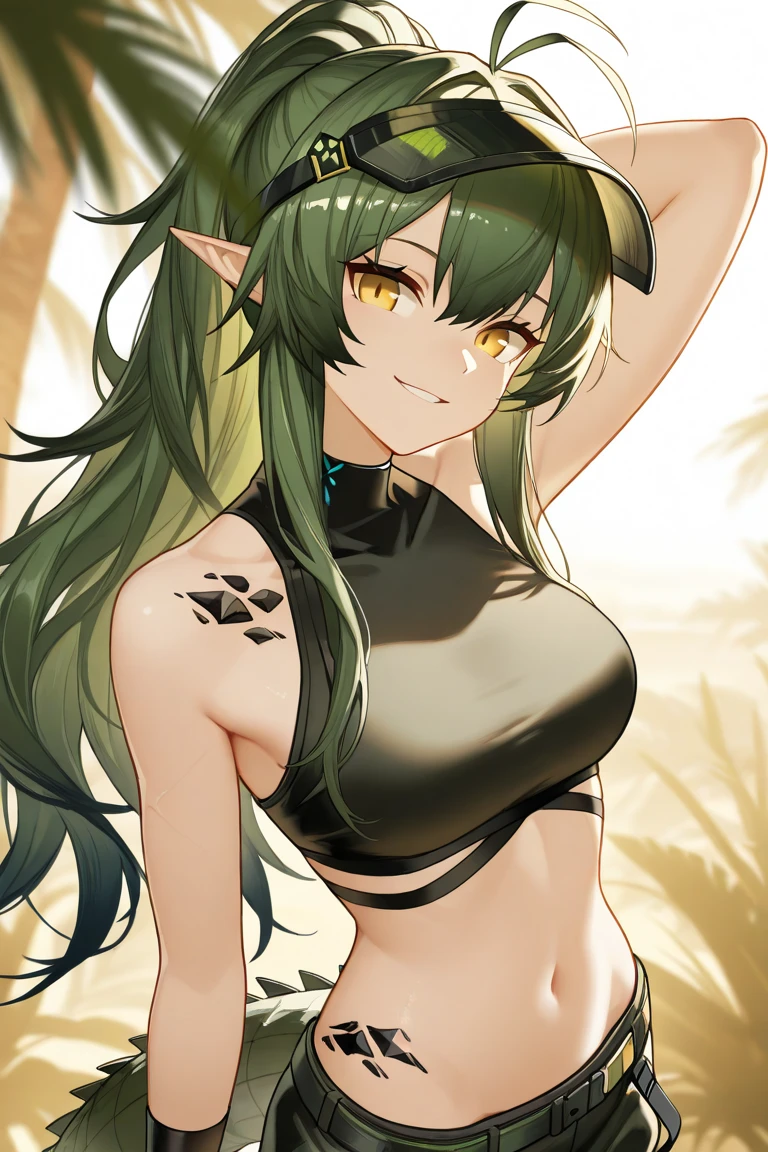 Black background with spotlight,mature elf 1people((Dark Skin:1.5,Golden eyes:1.4,Bright green hair:1.3,Gal Style,big ,)), Leopard print underwear
