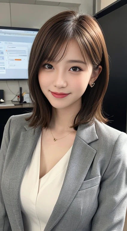 high quality:1.2), RAW Photos, High resolution, Very detailed, Intricate details, short hair、ear piercing、smile、Brown Hair, (Front view, ), Clear beauty, Standing in an office room, Upper Body, (High Quality Fabric, Office Lady Suits 、Necklace around the neck、, The background is the office