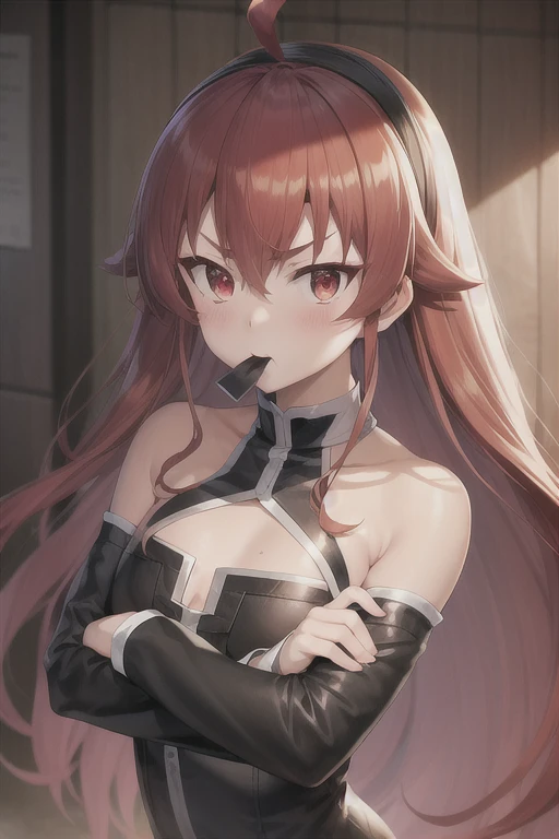 (best quality, masterpiece:1.8), (high resolution:1.4), long_hair, dog hor ears, Brown hair, through bangs, Red with eyes, Smile, dog_girl, Avak, medium, Blushed, up_Body, hair_between_with eyes, Very_long_hair, deactivate_beak, watching_Shown in_peek viewerbackground,cowboy shooting,open shoulders, light color dress