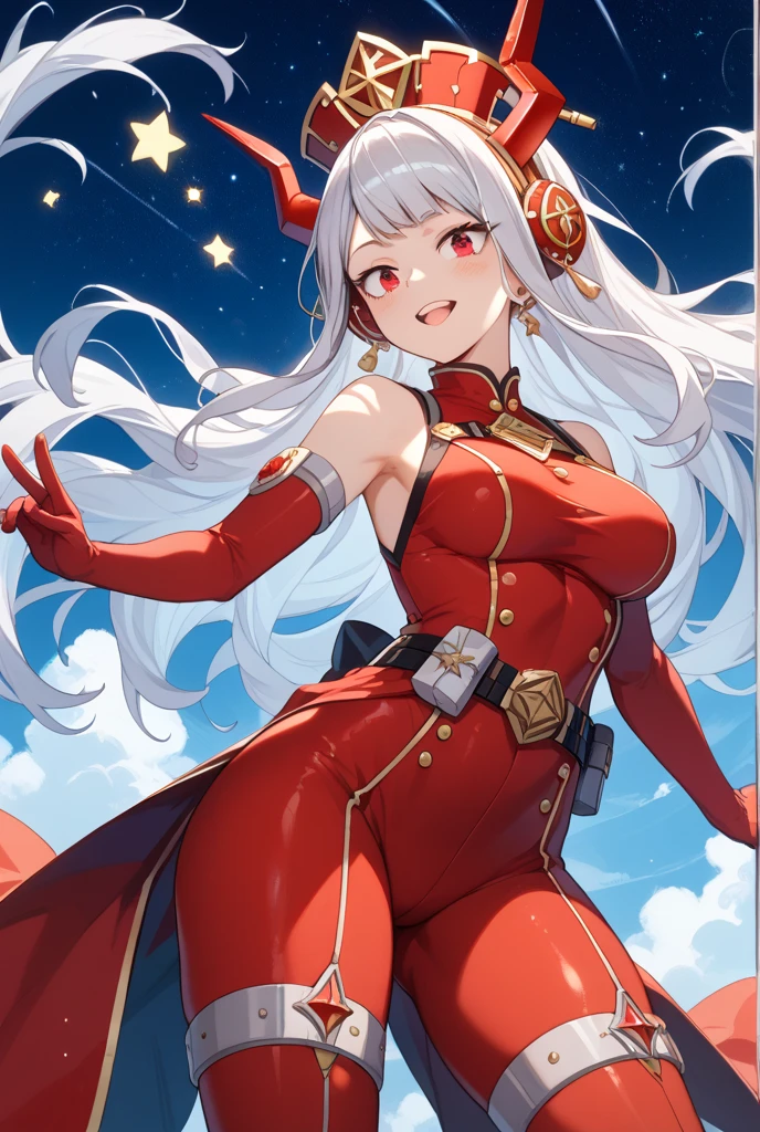 young girl with big thighs and medium sized breasts. with a jester suit, white and almost transparent pantyhose, and shoes with red cotton balls in the center. the jester's costume must be black and white; including the jester's hat. The skin must be white and eyes, one black and a white glow. and a white eye with a light blue glow; and symbols of red diamonds on the cheeks. with a medium sized butt and a slim waist. expression: exaggeratedly smiling smile. atmosphere: circus with lots of lights and fireworks