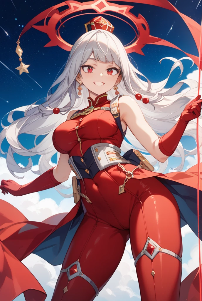 Lian, long white hair, hair stick, bangs, blue eyes, solo, smiling, standing, upper body, hips, bare shoulders,purple thighhighs, red dress, gold jewelry,armor,gloves,circlet, cleavage, red and gold royal castle, gigantic breasts, (best quality, masterpiece, beautiful and aesthetic:1.2, highest detailed face, perfect face,)  eyes, perfect face,expressive eyes,
looking at viewer, in the center of the image,(Upper_body),(Focus on her face),
official art,extremely detailed CG unity 8k wallpaper, perfect lighting,Colorful, Bright_Front_face_Lighting,shiny skin, 
(masterpiece:1.0),(best_quality:1.0), ultra high res,4K,ultra-detailed
