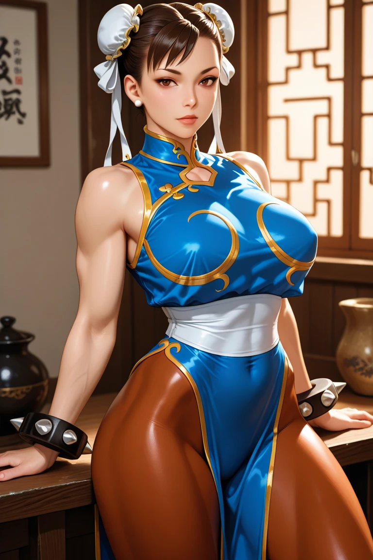(Crie uma obra-prima hiper-realista da sexy Chun-Li, the iconic character from the sixth Street Fighter game). Capture your dynamic fighting stance and powerful kicks with exquisite detail, Flexible body. (roupa sexy, erotic costume, buceta marcada, buceta mostrando), ((seios perfeitos, flacidez dos seios naturais, clivagem impressionante, neckline open to the abdomen, lindos seios saindo do decote, close-up on her clivagem impressionante, Mamilos largos , completo, pontudo)), chun-li erotismo quente, tinta no rosto, Pele realista. The image should be in high definition (hard disk) and rendered in stunning 16K resolution, mostrando todos os recursos e texturas intrincados. (Pay close attention to the details of Chun-Li's costume, incluindo seu tradicional micro vestido qipao azul com detalhes dourados, penteado de chifre de boi exclusivo), very detailed roupa sexy with gold strokes, hair accessories, in character. ambiente escuro, Use dramatic lighting to increase the intensity of the scene, emphasizing your strength and determination. This photographic request aims to immortalize Chun-Li as a true work of art, mostrando sua beleza, seu corpo tonificado e quente, grace and dexterity in martial arts. Pornographic Images