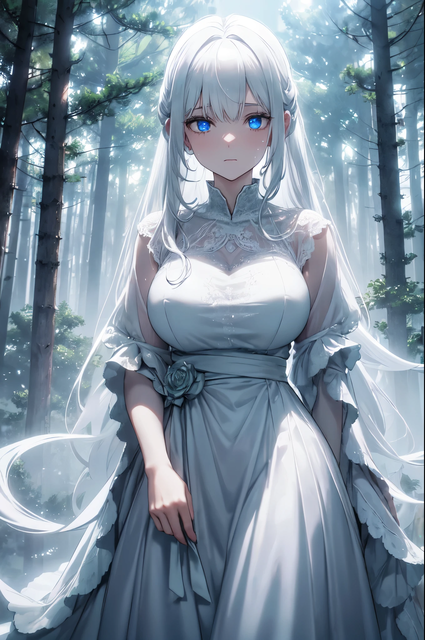 (1 girl), (masterpiece), (Best Quality), ((looking at the viewer)), ((Whole body)),((in front of the viewer)), ((dress that highlights your figure)), ((by white)), ((beautiful wedding dress)), ((white hair))
In a serene alpine setting, on top of a snow covered mountain, a young woman stands gracefully. Their hair, as pure and white as freshly fallen snow, cascades down your shoulders in soft waves. his eyes, a striking shade of blue reminiscent of deep sapphires, reflect the clear, cool sky above. She is adorned with an elegant, Flowing white dress that flutters slightly in the mountain breeze., accentuating her slender figure. The morning sun bathes her in a soft, golden glitter, highlighting the delicate features of your face: a serene expression that reflects the tranquility of its surroundings.. Your gaze is fixed on the panoramic view of steep valleys and distant peaks., a scene painted with pristine snow and lush greenery under the vast, immaculate sky.