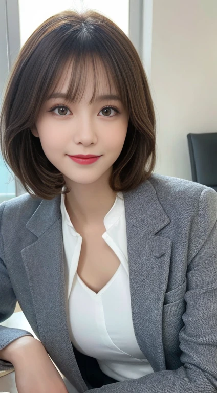 (Best quality, 8k, 32k, Masterpiece, UHD:1.2), 1 girl, ((close up:1.2)), beautiy Japanese office lady, (smile:0.5), (looking at the viewer), bit chubby, grey suit, grey mini skirt, open jacket, office room, desk, (huge breasts, buttocks:1.2), detailed beautiful face, pony-tail hair, from below,