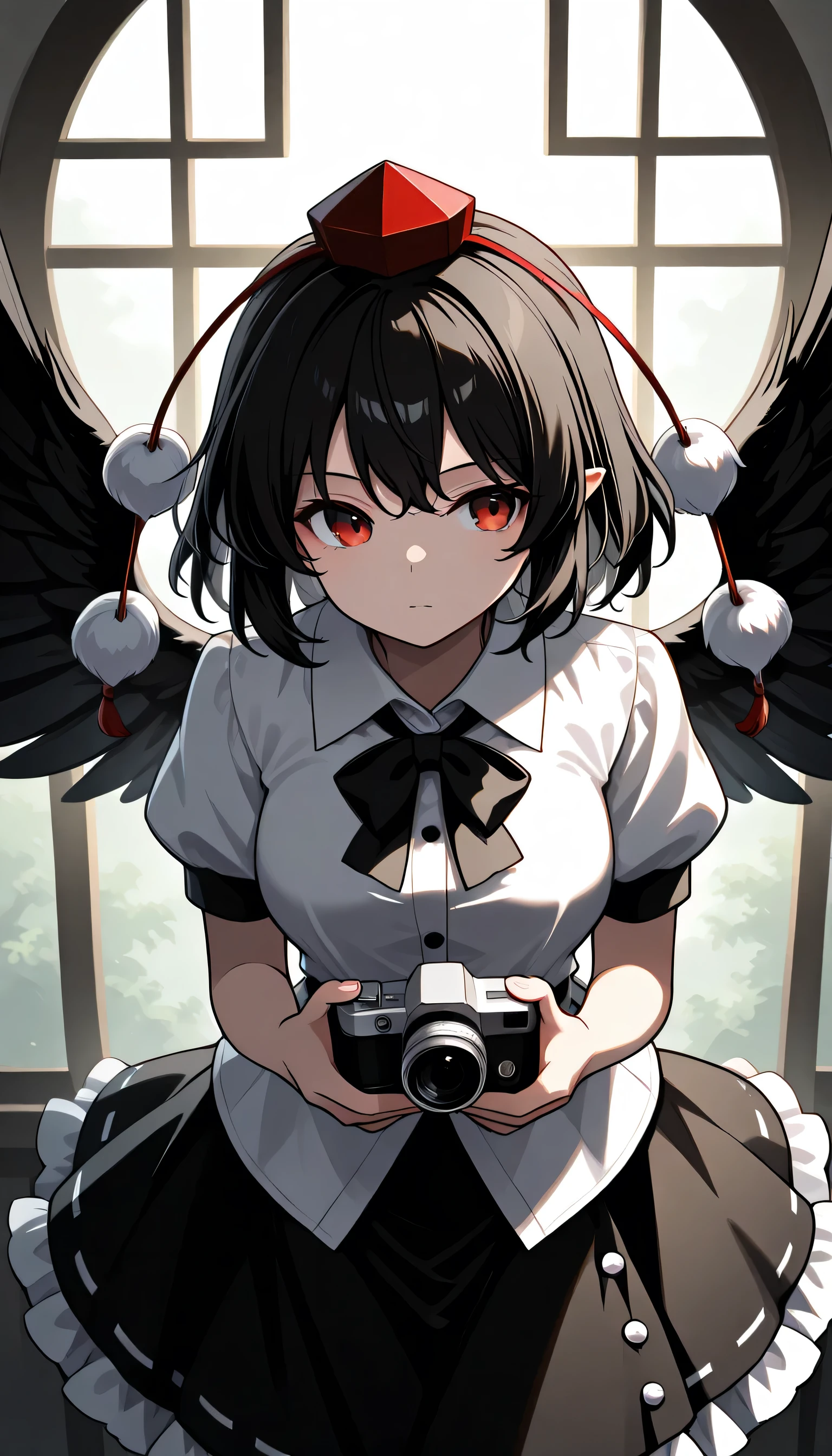 Final Fantasy Logo, touhou 6, medium breast,shameimaru aya, 1girl, solo, red eyes, black hair, short hair, feathered wings, black wings,
tokin hat, collared shirt, white shirt, short sleeves, black bow, black skirt, frilled skirt,holding camera