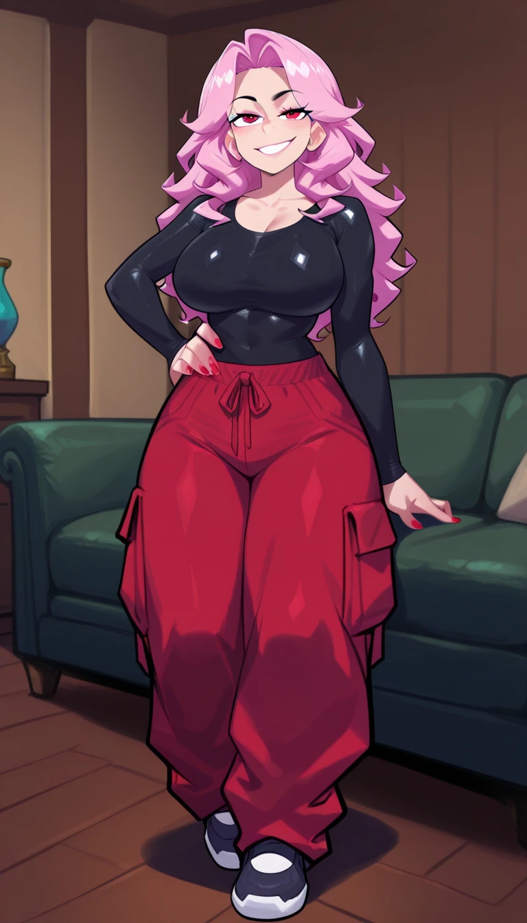 older woman in her 30s, with pink hair and a tall, curvy body, breasts big, in this, (work of art, best qualityer:1.2) wearing the legendary great black dress of the mystical sorceress, Big witch hat, pregnant, standing alone, alone, pink massive hair