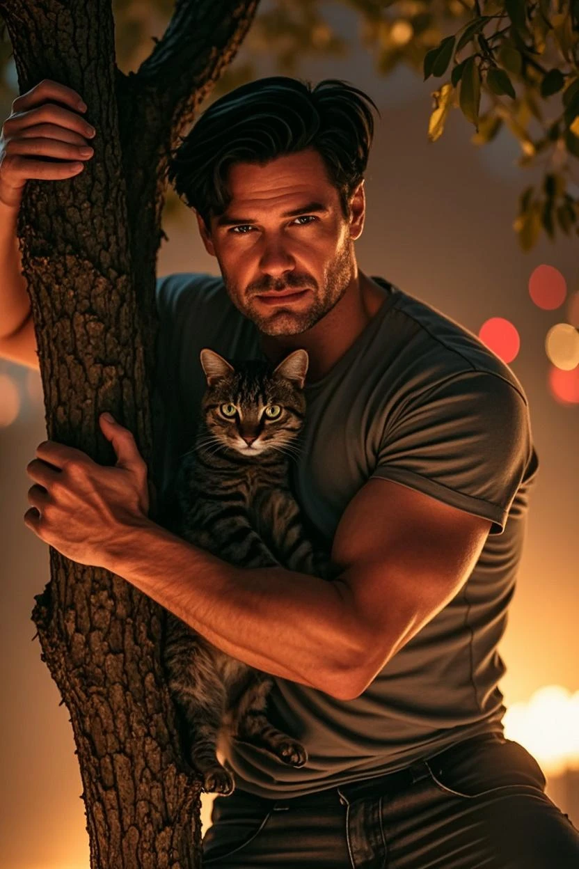 (Best Quality,4k,8K,hight resolution,Masterpiece:1.2),Ultra-detailed,(Realistic,Photorealistic,photo-realistic:1.37),handsome 35 year old man, Naked, with the groin, covered with a black sheet, seductive gaze, Romantic look, (Holding a black cat in your hands).