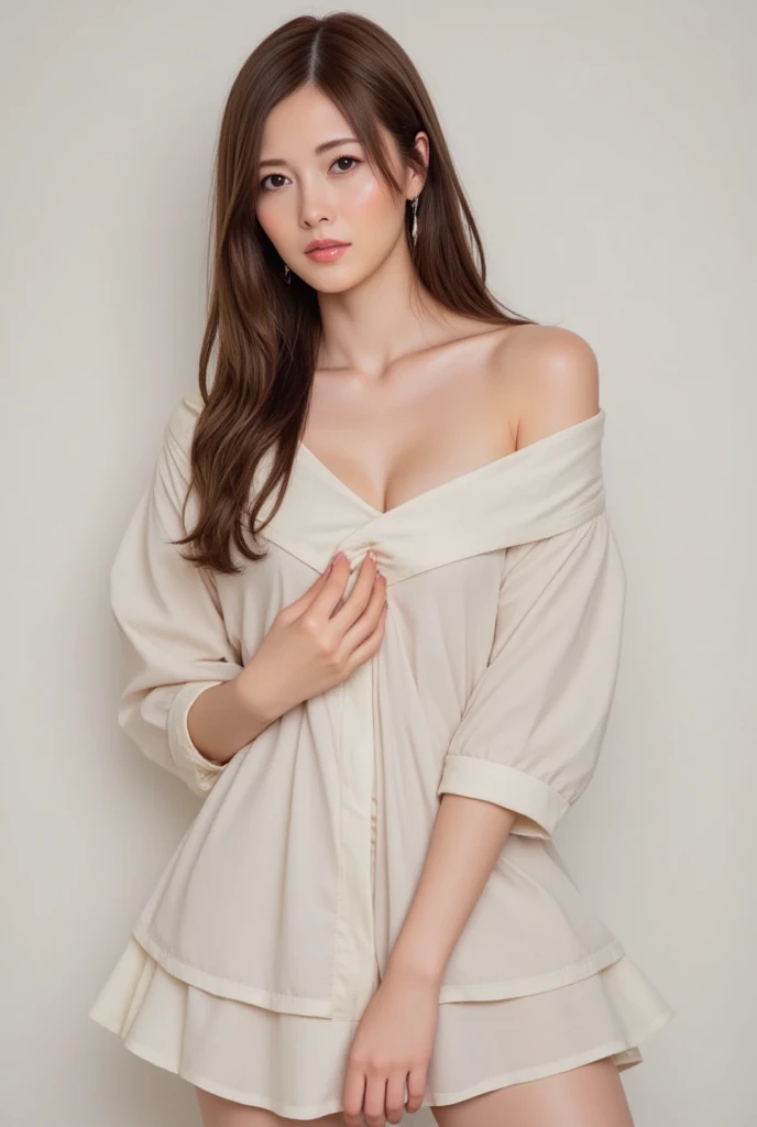 A young woman with long hair and piercing eyes, wearing a light colored blouse and floral earrings, realistic