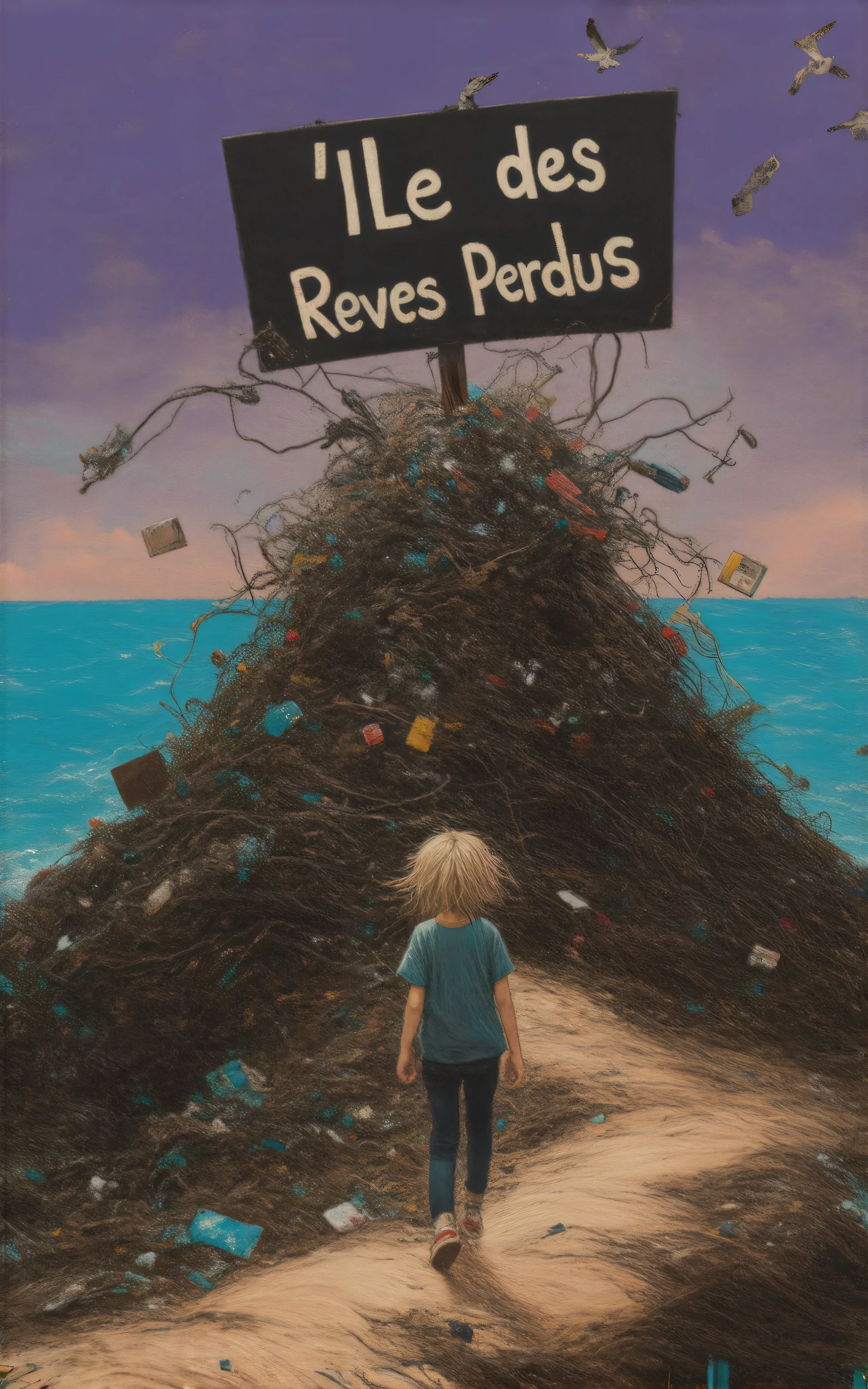 A whimsical, vibrant illustration featuring the title : “L'ILE des REVES PERDUS” made in recycled waste, garbage damaged letters in a grunge, gross, cartoon font, this title on top of a nasty polluted island hill of trash, a dirty ocean around filled with black oil, fishing nets, plastic bottles, plastic bags, cardboards, papers, boxes, computers, electronic devices, broken stuffs, tv screens, miscellaneous equipment, seaweeds and cans floating on water with dirty waves. A  girl seen from behind, long blonde hair pigtails wearing a legging, t-shirt and sport shoes, is walking on a sandy filthy path beach leading to this island littered with rubbish and wires. All in a joyful and colorful scene, Sunset lighting mood, backlight, night sky stars and little seagulls far away, at dusk with clouds in a dreamlike background, fantasy, original perspective in a ren’s book style