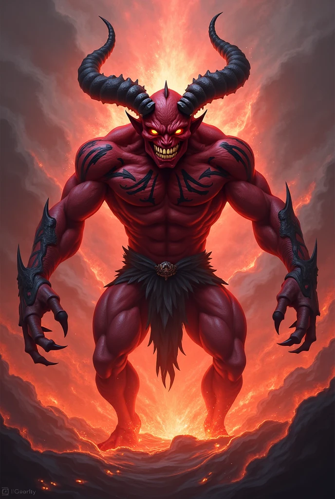 Make the devil hold an artifact Source with red flames coming out of it and the devil is trying to put it in his chest and a dark laugh