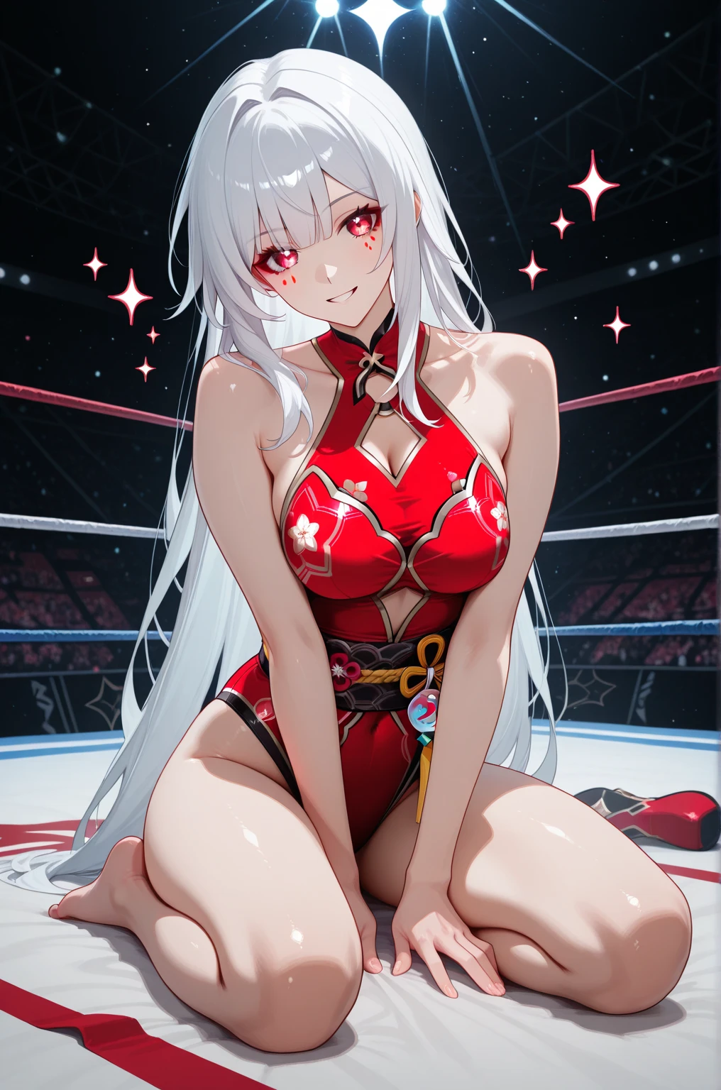 Masterpiece, best quality, absurdres, 1girl, standing, velouria_fates, red eyes, playboy bunny, gray hair, multicolored hair, animal ears, ((Tight leotard)), ((sexy pose)), ((Wrestling ring)),