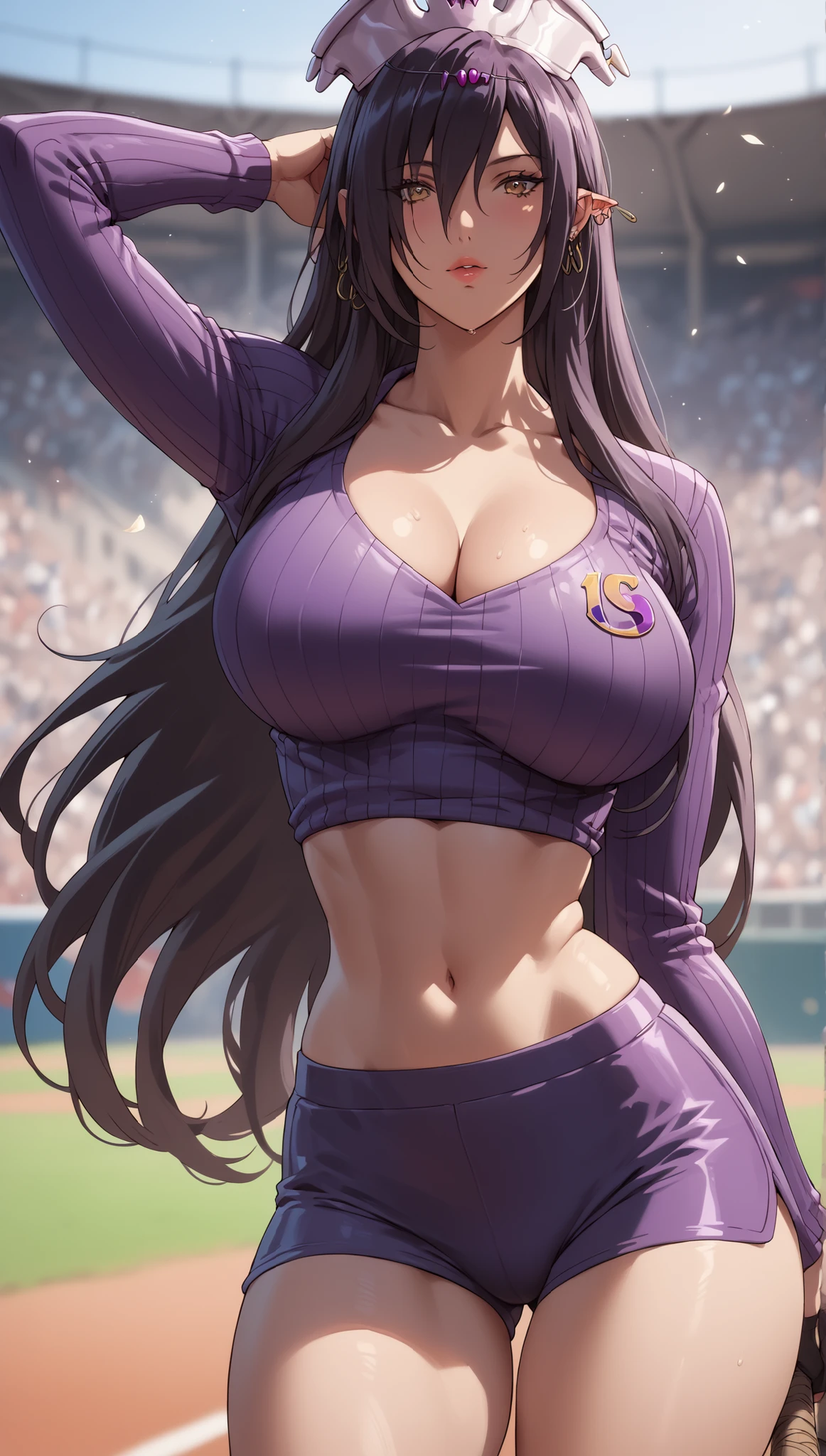 Score_9, Score_8_up, Score_7_up, Score_6_up, Score_5_up, Score_4_up, masterpiece, Olga Discordia, looking at viewer, hourglass figure, big chest, Baseball uniform, tight top and shorts, sportswear, bending towards front