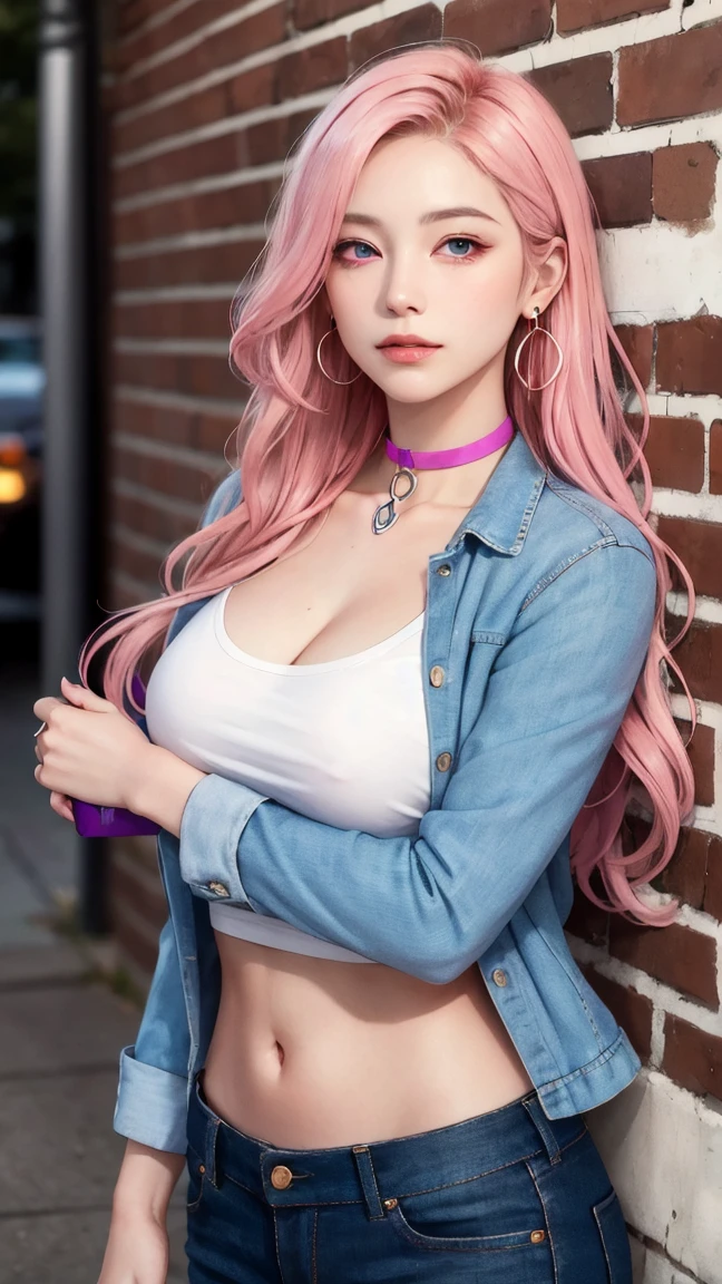 (masterpiece, highest quality, 1 girl, alone, intricate details, chromatic aberration), realistic, ((Medium breathing)),long hair, pink hair, red headdress, pink highlights, hair above one eye,purple eyes, earrings, clear eyes, choker, Neon Shirt, open jacket, crop top, (eye of symmetry),(perfect symmetrical body),towards the wall, brick wall, graffiti, dim lighting, alley ,look at the audience