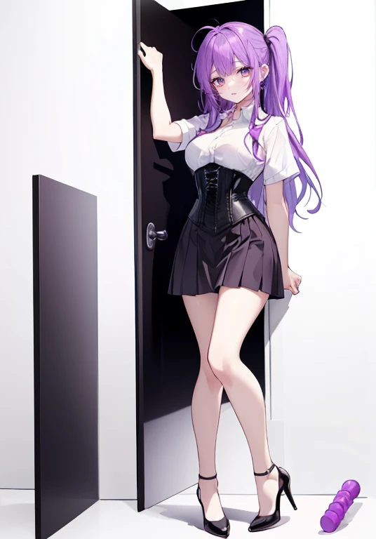 (masterpiece, highres, high resolution:1.2), anime 20 yo girl, wearing a short dress , posing in elevator mirror, posing, illustration. drawn, violet hair woman, green eyes, blushing, shy, full body, solo, shy, blushing a lot, freckles, huge breasts, perfect body, anime girl, smiling, full body, all body, , hide hands, hide feets.