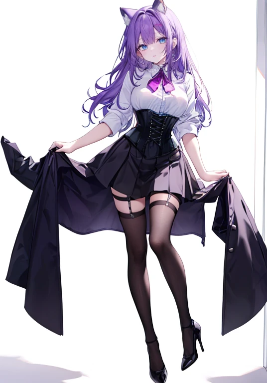 1girl yuuka default skirt hose hello solo purple_hair shirt Downwear id_Card Black_Footwear Long_Hair is white_shirt blue_Eyes Look at the butt_iewer 2_~ side_Up pants black_Skirt Paper High_High heels holding down panties_Dtyhose with bbangs_Pantyhose Box Blush O_Women's Shoe Straps Thigh Bands_pantyhose squinting pleinert, chest, indoor, chair, full_Body Mini Skirt Long_sleeves medium_Collar on chest_shirt