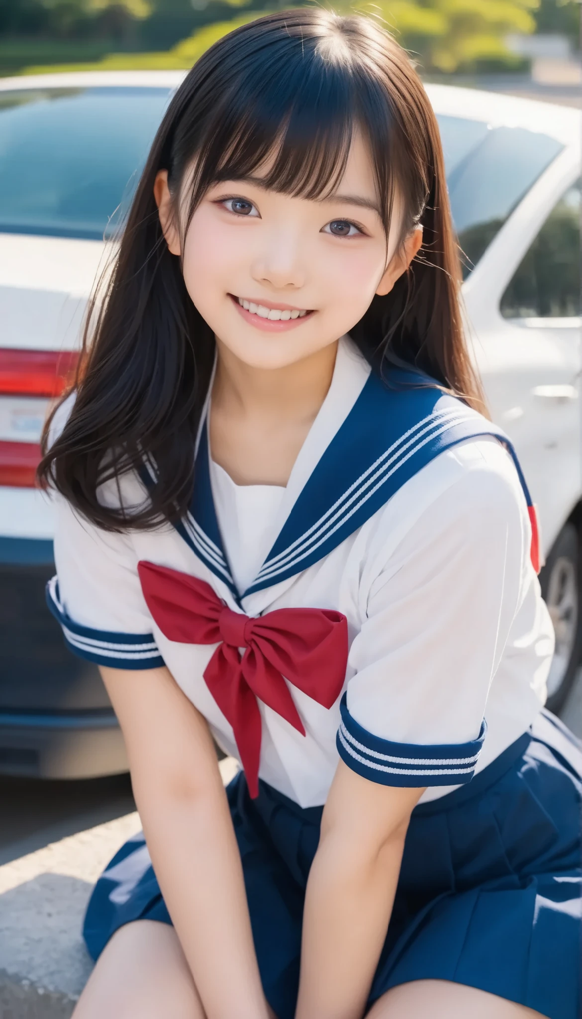Photo of a 6--old anese girl in 。The girl has straight black hair、With bangs、eyes are big and black。She wears a blue sailor suit、Features a white collar and red trim。The background is a roadside in nature、The girl is sitting、She has a sweet look towards the camera。