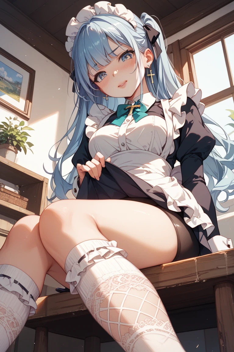tmasterpiece, Best quality, The content is very detailed,tmasterpiece,Best quality,offcial art,extremely detaild的 CG unified 8k wallpapers,1个Giant Breast Girl,16 yaers old,{black lence stockings},shyexpression,A girl takes off her shoes at home,Socks that emit steam,Steam collar