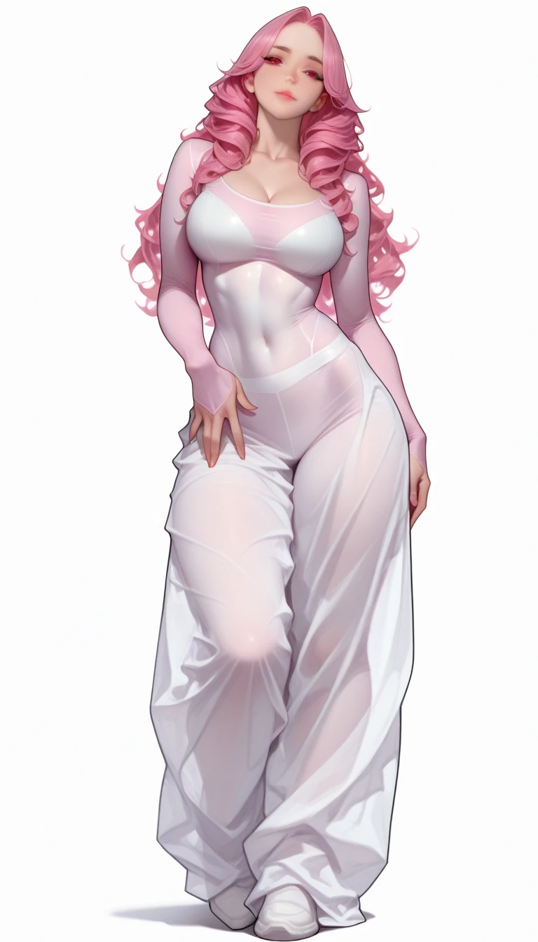 (masterpiece, best quality:1.2), cowboy shot, (solo), (1girl):1.5, glasses, long fluffy pink hair, hair blowing, gorgeous body, wide hips, slight smile, ((very sexy and transparent (white nigthdress)) with exposed navel), musculous belly, gorgeous huge breasts, ((pink breasts niples) under very transparent white clothes), (cameltoe)