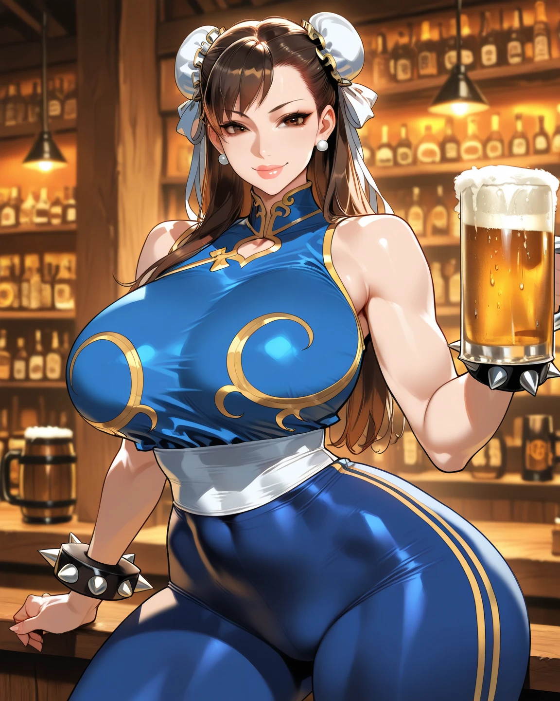 A front view of Chun Li, 26 years old, busty, wide hips, slim waist, long hair, wearing a lowcut party dress, Chinese style, real skin texture, highly detailed eyes, realistic eyes, smiling at the viewer, atmospheric, photo-realistic, High resolution, 8k, HDR, 500px, FUJIFILM, posing lewdly for the viewer, lounging at the bar of a nightclub