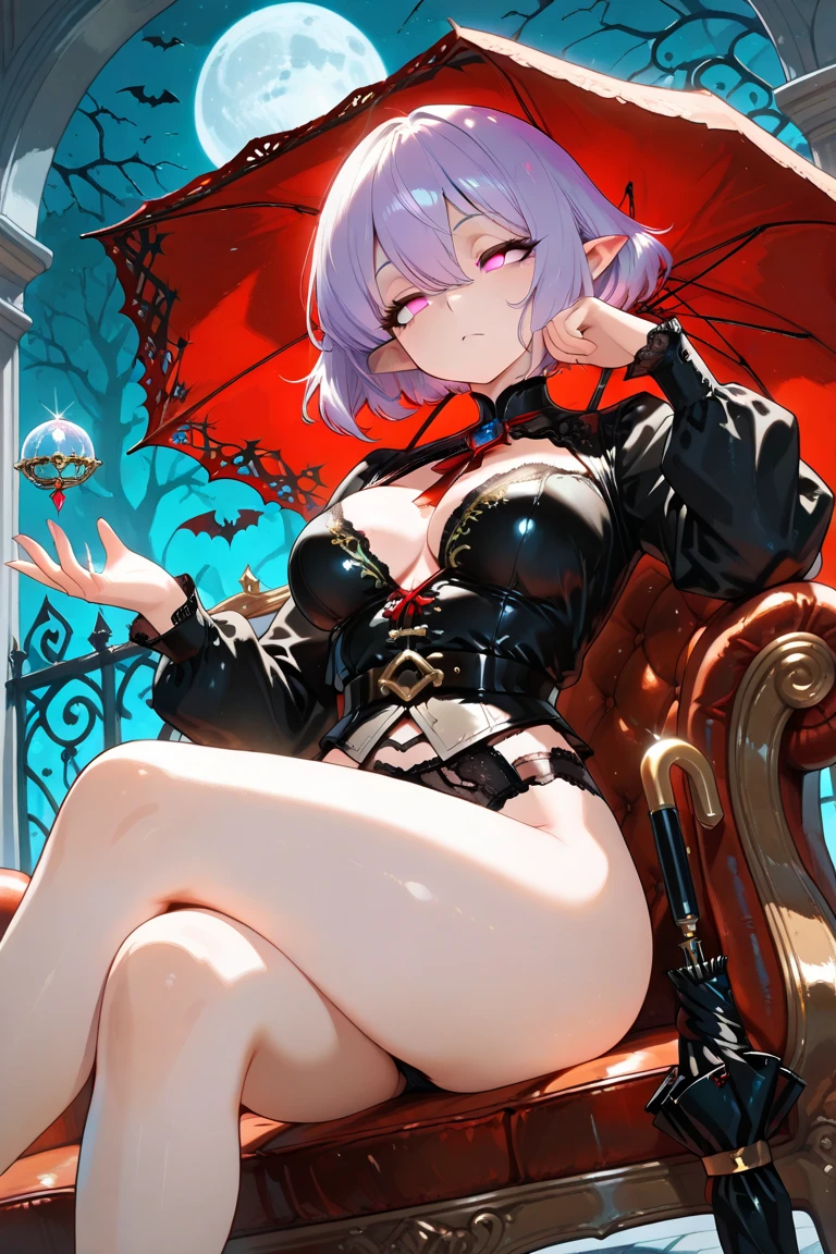 1girl, short white hair, red eyes, wearing black bra, bra l-cup size, large breasts H-cup size, black panties with red ribbon, clear skin, curvy figure, arms behind head, lying on bed, bedroom, beauty mark under left eye, tight high thighs, beauty mark on left breast, 8K, ultrasharp, high res, masterpiece, looking at viewer, warm lighting