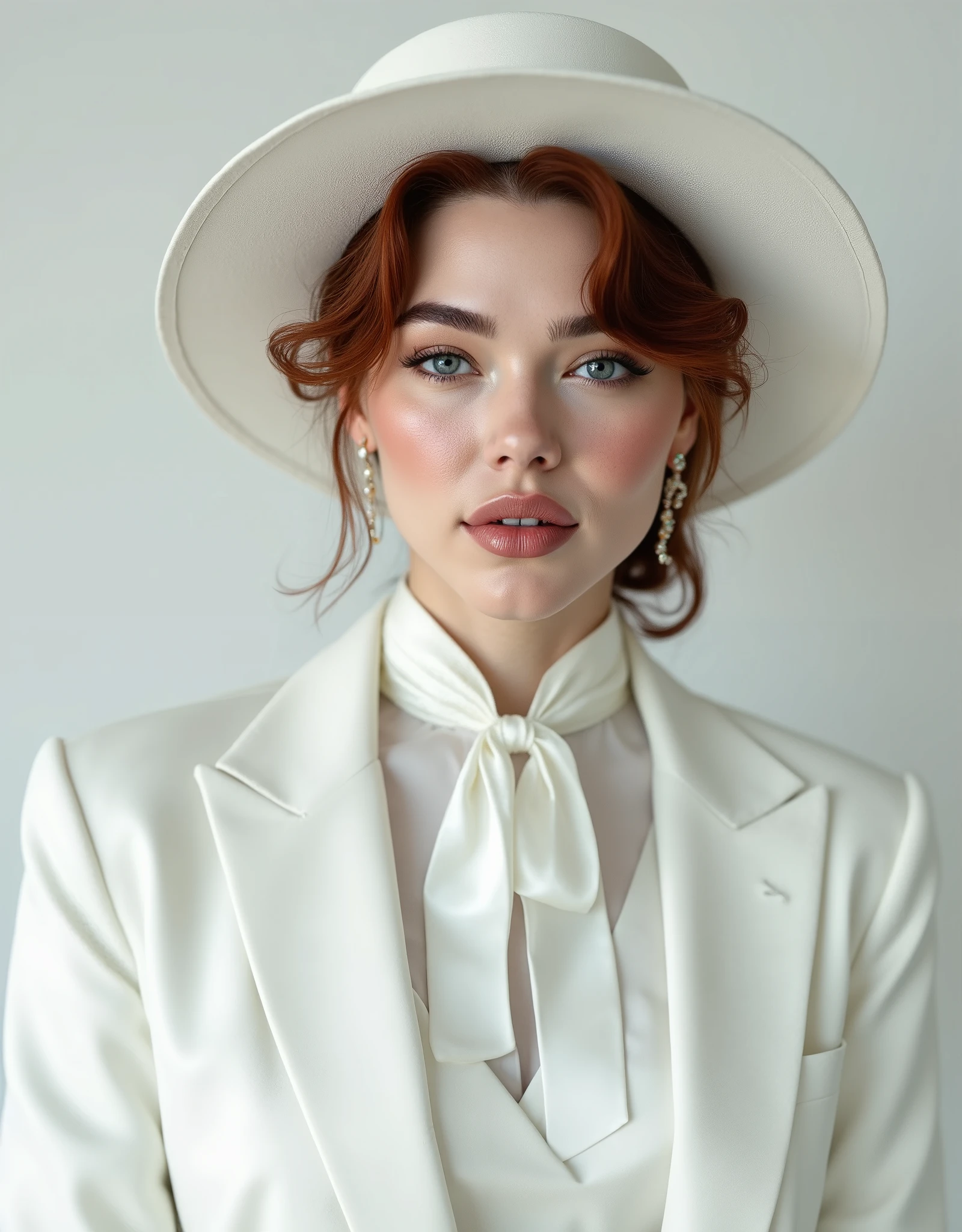 photorealistic, woman with auburn hair wearing a white satin blouse with a white neck tie, paired with a white vest and white blazer, white wide brim hat