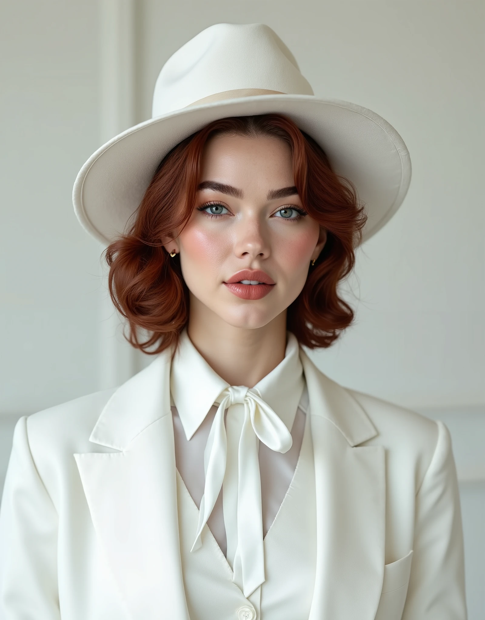 photorealistic, woman with auburn hair wearing a white satin blouse with a white neck tie, paired with a white vest and white blazer, white wide brim hat