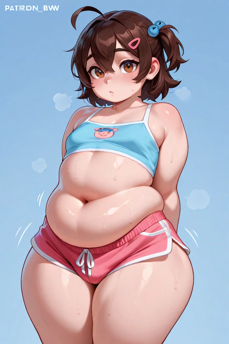beautiful, (chubby), (very short hair), (pudgy face), (naughty), ((high school students!), (handsome), (thick), (overweight), beefy, (cute), (little brat), (naughty brat), (へそ), ぽっちゃりした体, (big belly), 汗ばんだ体, (臭そうな体), (sports), (tank top), 