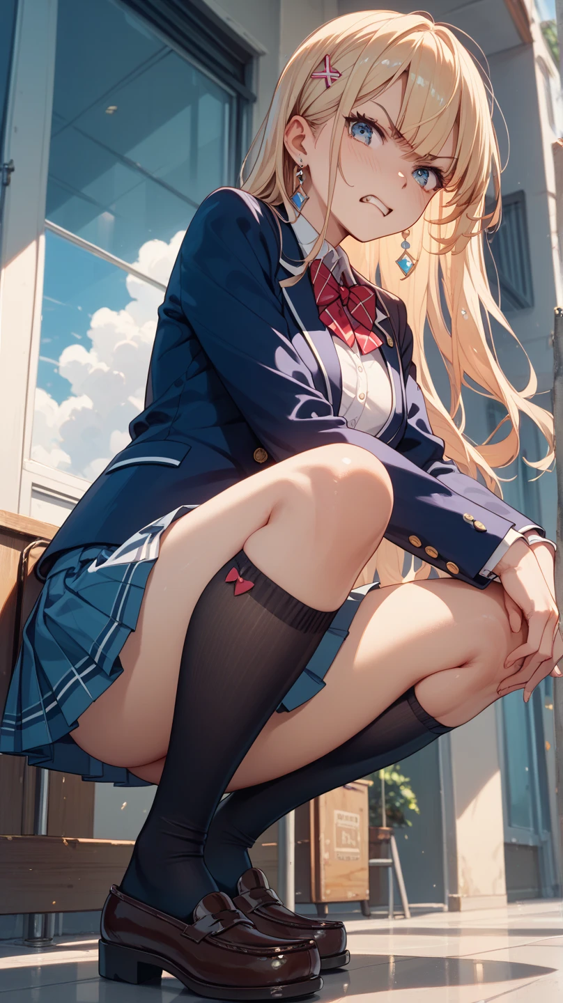 (work of art:1.2, maximum quality), (realisitic, photorealisitic:1.4), beautiful illustration, (natural side lighting, film lighting), ,
(gazing at viewer), 1 girl, Japanese, high school girl, face perfect, beautiful face e simétrico, shining skin, ,
(long hair:1.2, half hairstyle:1.4, hair blonde), rhombus stripe, gold eyes, droopy eyes, long eye whip, (breasts big:0.6), ((naked legs)),
cute hair, beautiful face, beautiful detailed eyes, beautiful collarbone, Body cute, nice chest, beautiful thighs, Nice legs,
((white collar shirts, grey pleated skirt, blackstockings, red plaid tie), panties pink),
(beautiful scenery), day time, school roof, (facing the front), (Impatient expression, blush cheeks, embarrassed expression), (((skirt puller, Windlift))),