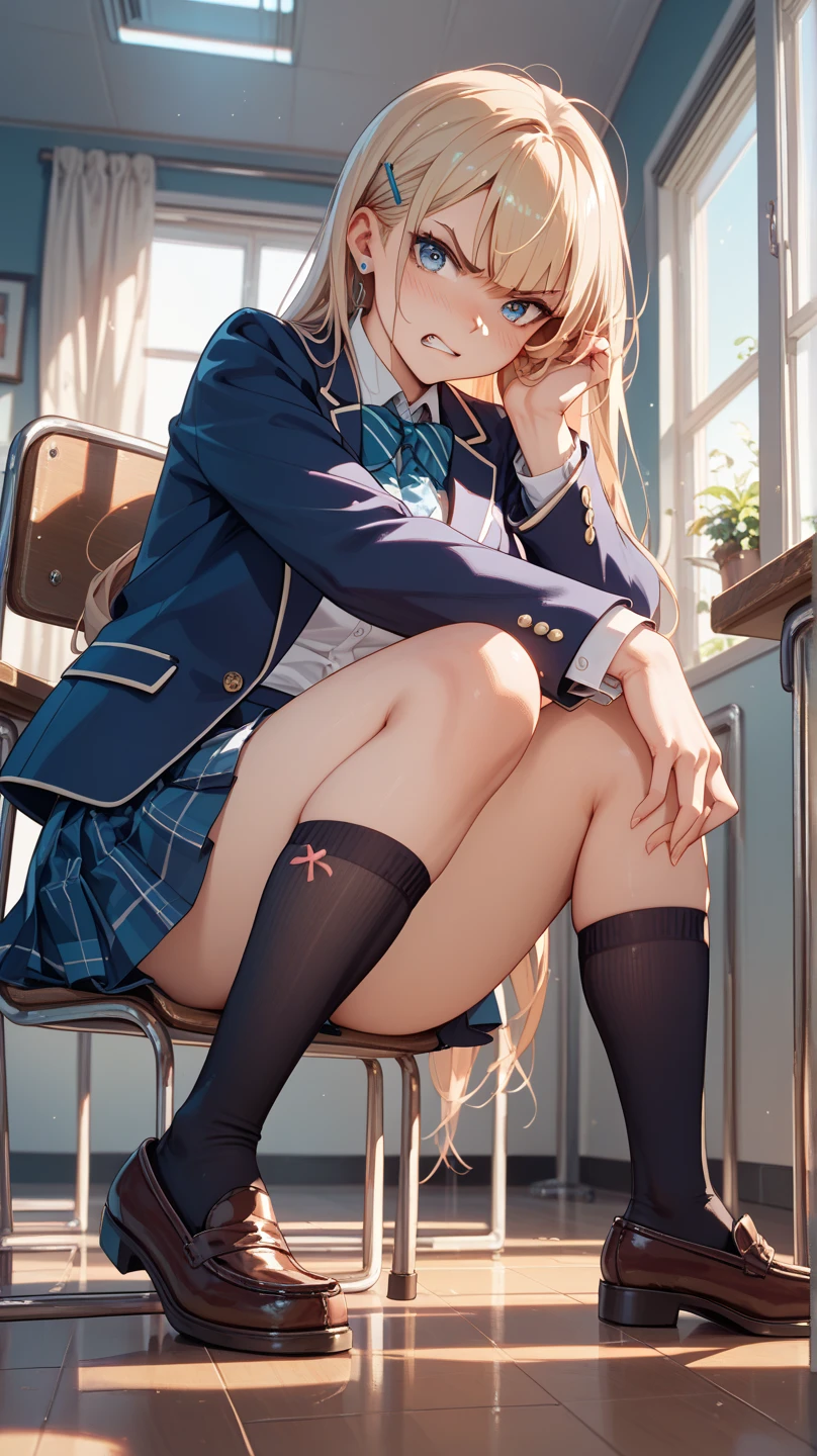highest grade、masterpiece、HDTV、(full bodyesbian)、(frontage)、(bilaterally symmetrical)、Mature Japanese high school girl、soio、(Full body view from head to toe)、(feet without shoes)、sitting composition、Composition with legs spread apart、Slightly low angle、(White ruffled panties)、small tits、(Black tights)、(black pantyhose)、(Composition showing white panties)、very beautiful girl、(I'm not wearing shoes)、(bangss)、Unkempt hair、(hair clips)、pale blush、Looking at the camera、slender leg、 High School Uniform Blazer、High School Uniform White Blouse、high school uniform blue ribbon、High school uniform plaid and navy pleated skirt